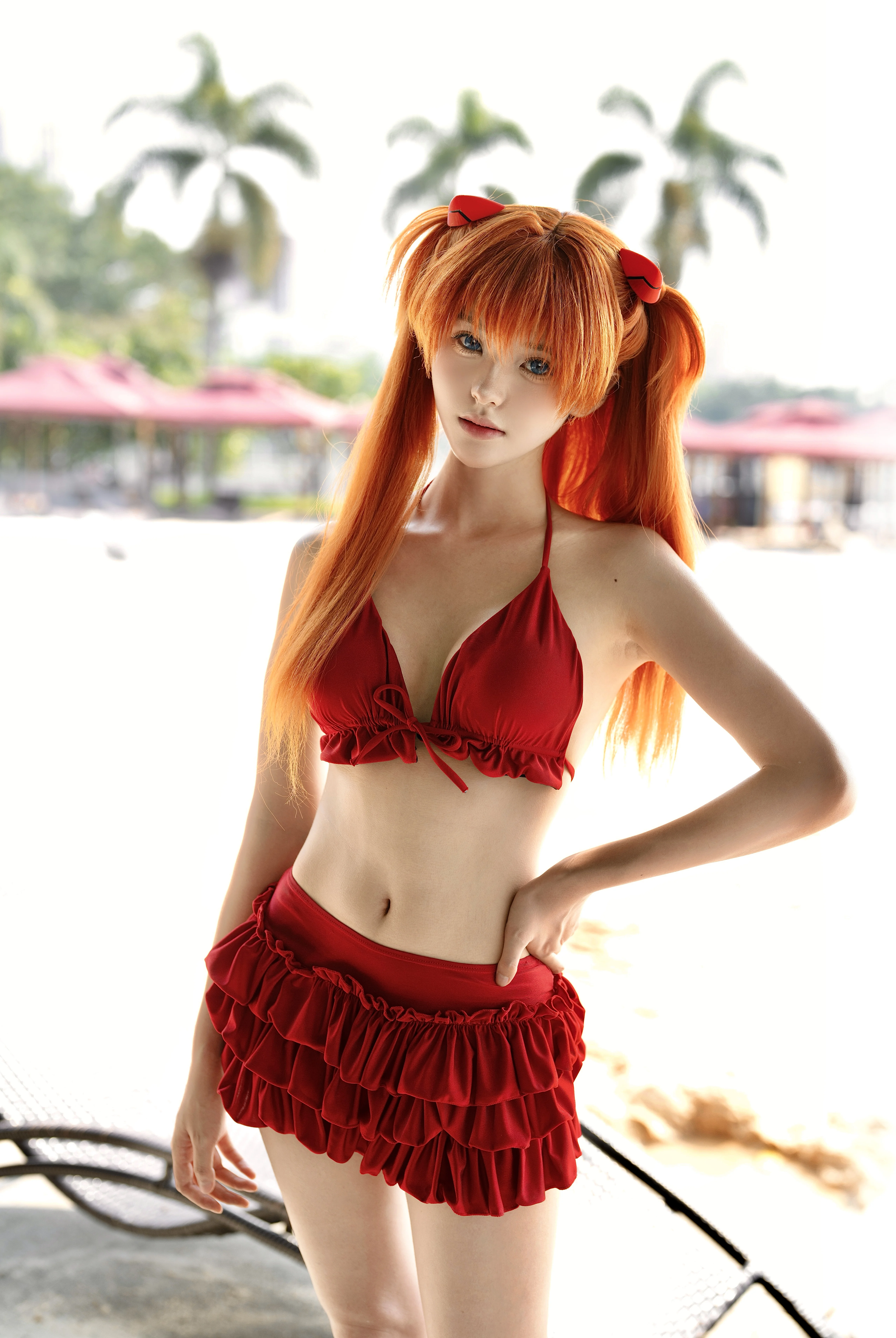 【明日香cos】红是明日香的红，夏日泳池边的一抹亮色