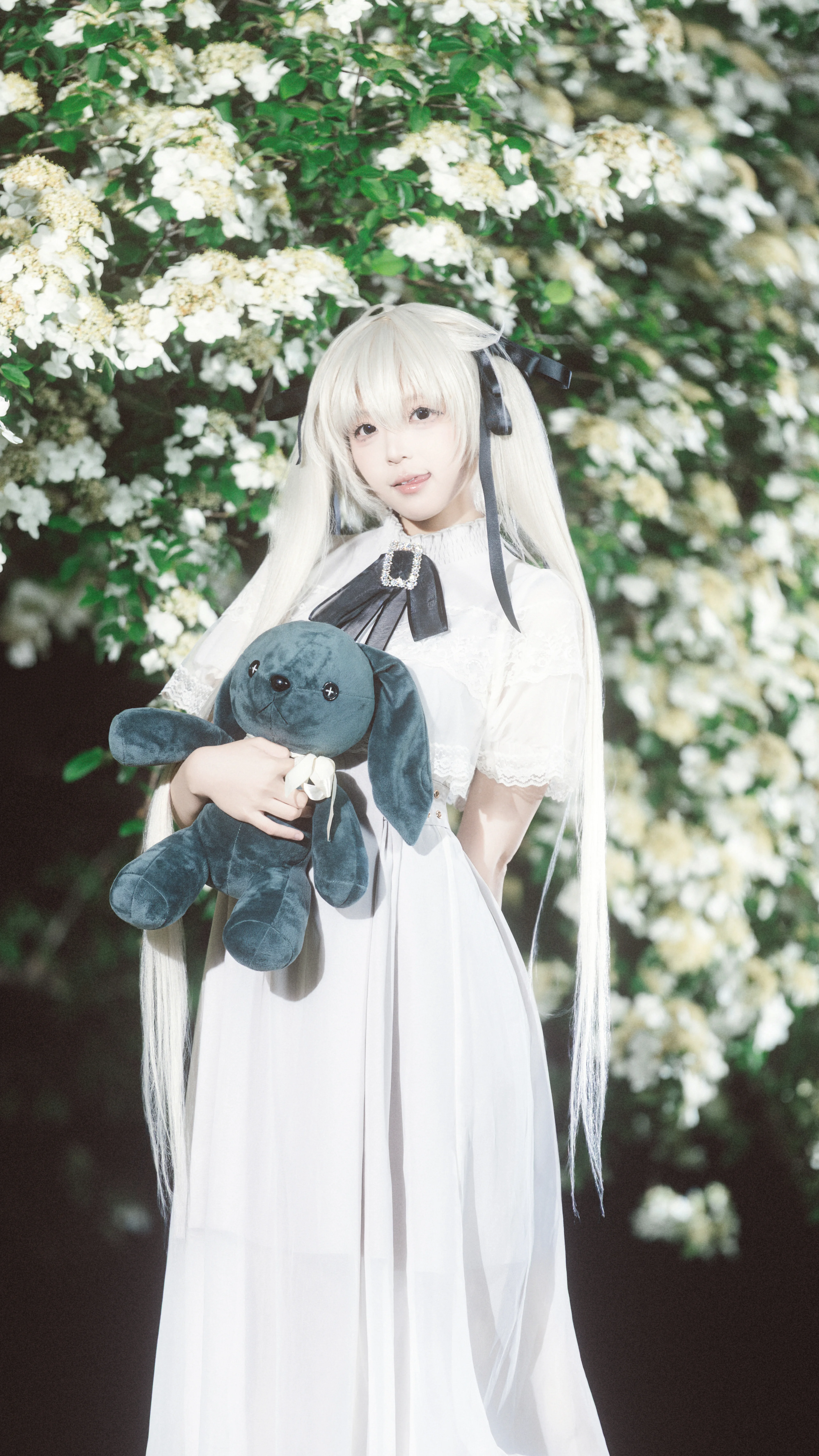 【春日野穹 コスプレ】銀髪が肩に落ち、白い花が咲き誇る木の下でヨスガノソラの瞬間を定格 - 3 枚目