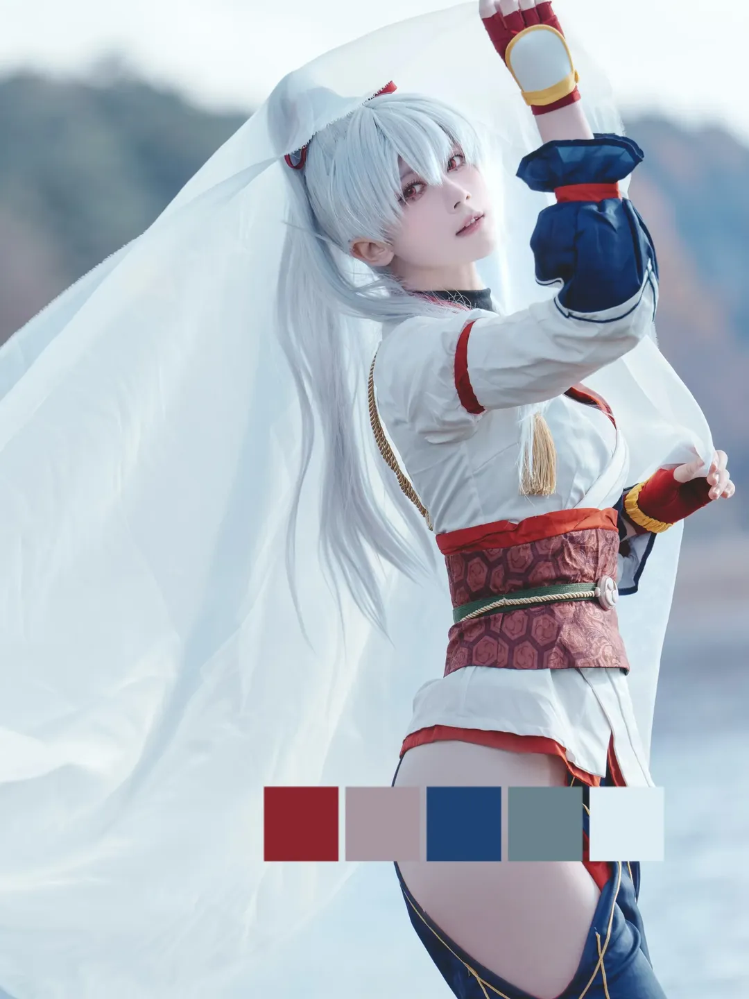 【Tomoe Gozen Cosplay】White Veils and Lake Light: Serene Moments in Fate/Grand Order Outdoor Photography - Image 1