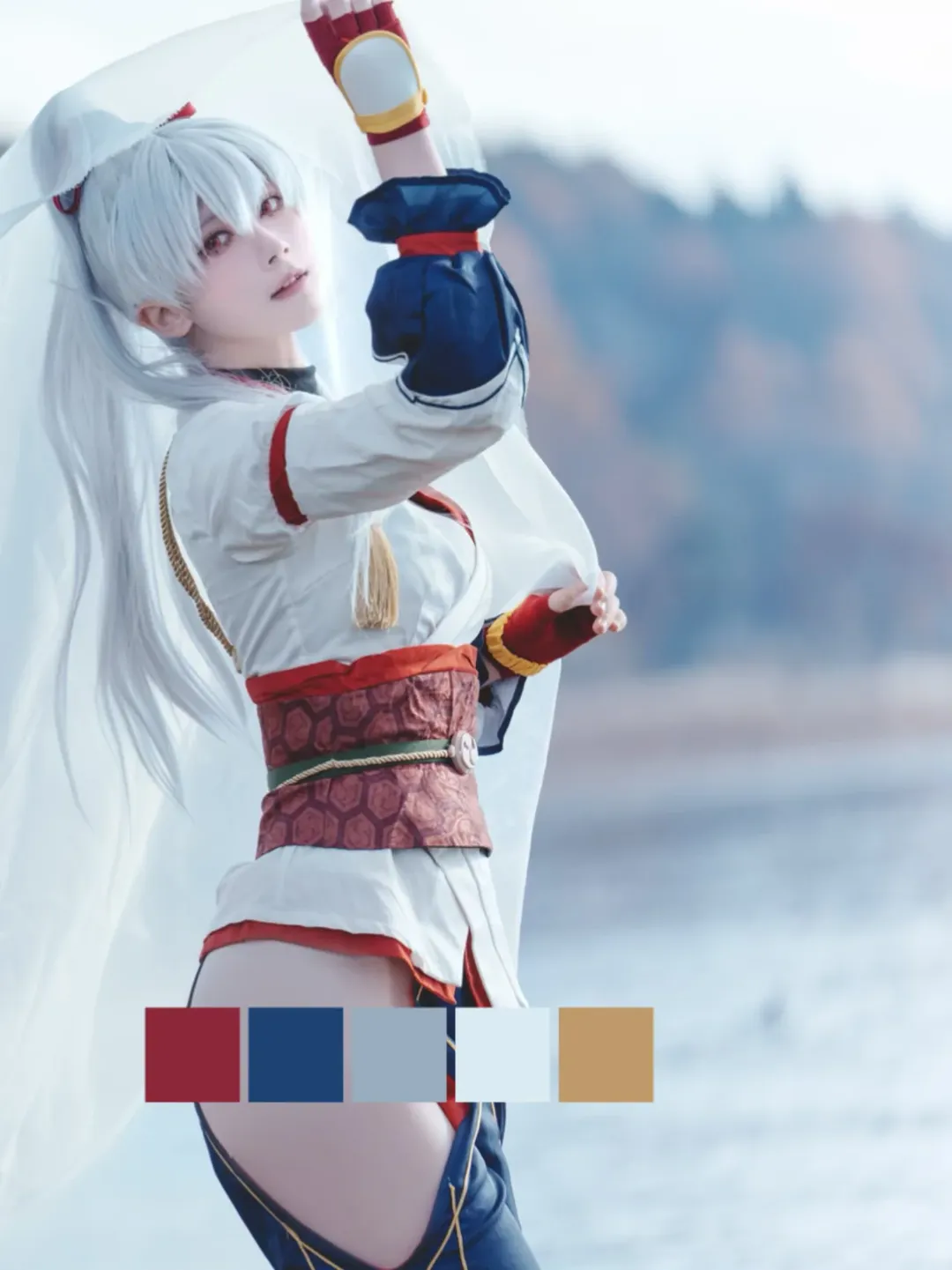 【Tomoe Gozen Cosplay】White Veils and Lake Light: Serene Moments in Fate/Grand Order Outdoor Photography - Image 3
