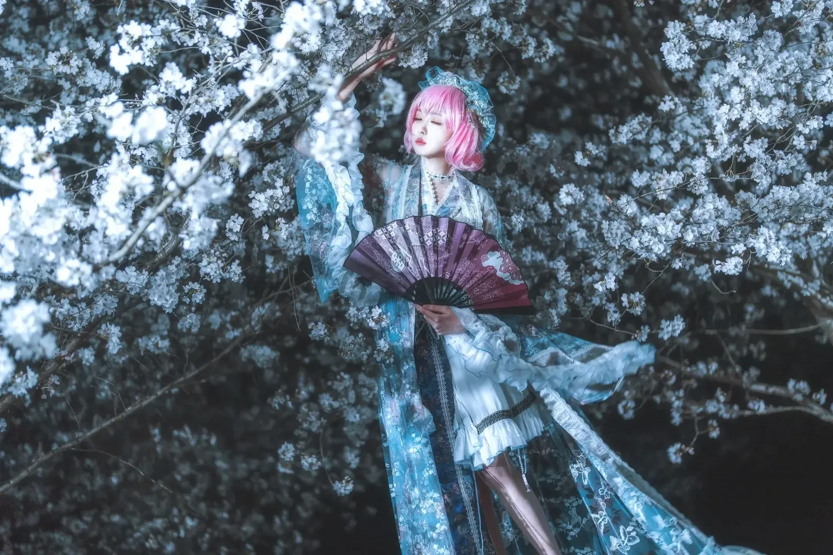 【西行寺幽幽子cos】夜色墨染樱下的东方Project夜樱幻境 - 第 2 张