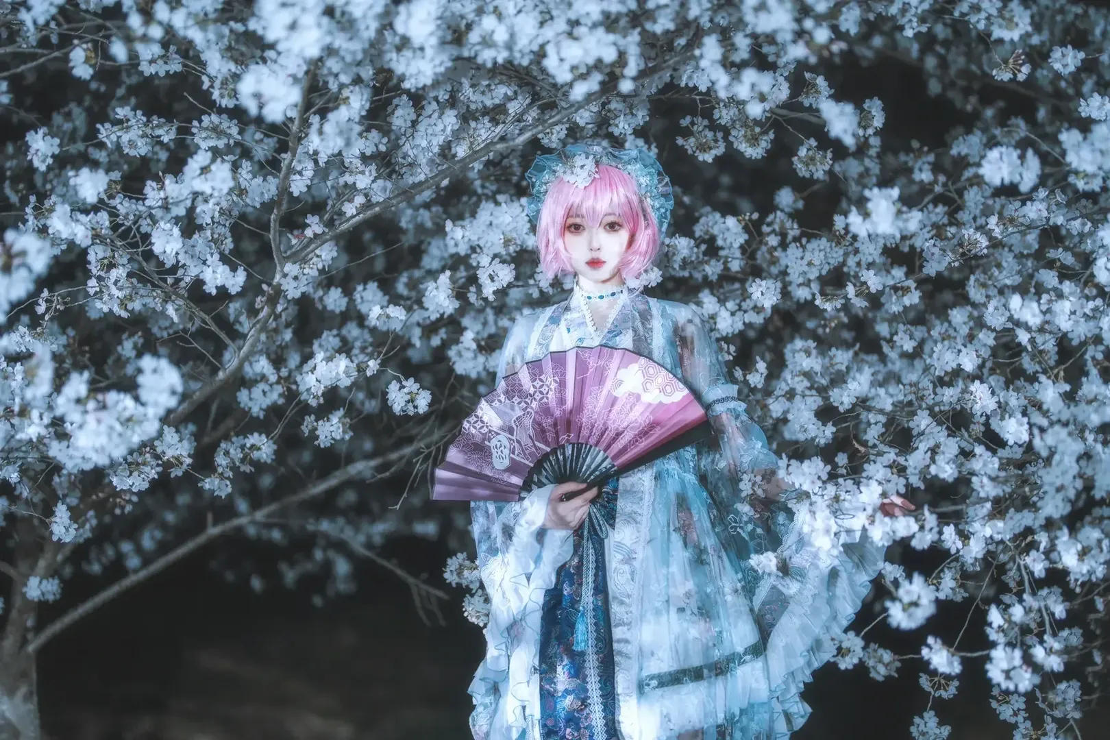 【西行寺幽幽子cos】夜色墨染樱下的东方Project夜樱幻境 - 第 3 张