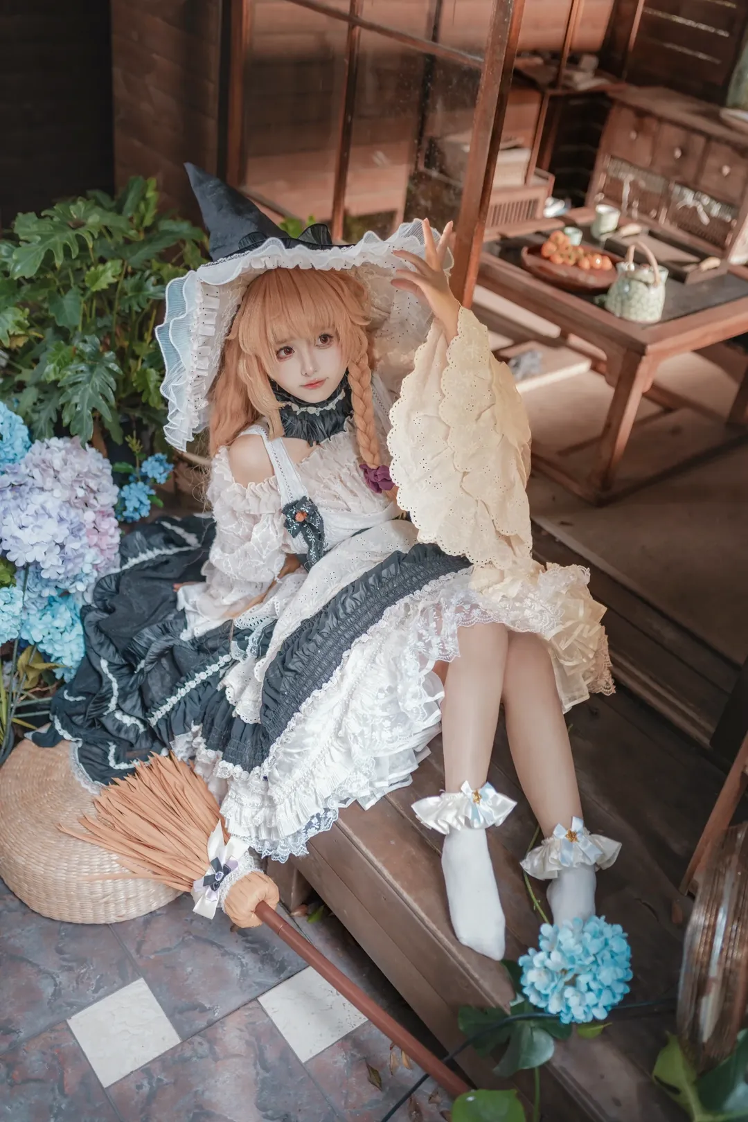 [Marisa Kirisame cosplay] Touhou Project: Vintage portrait of the Black and White Magician in a Rustic Wooden House - Image 1