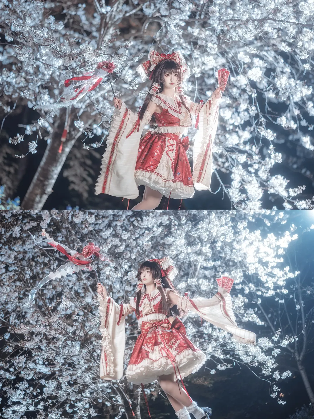 【博丽灵梦cos】月夜下的樱花树与红白巫女