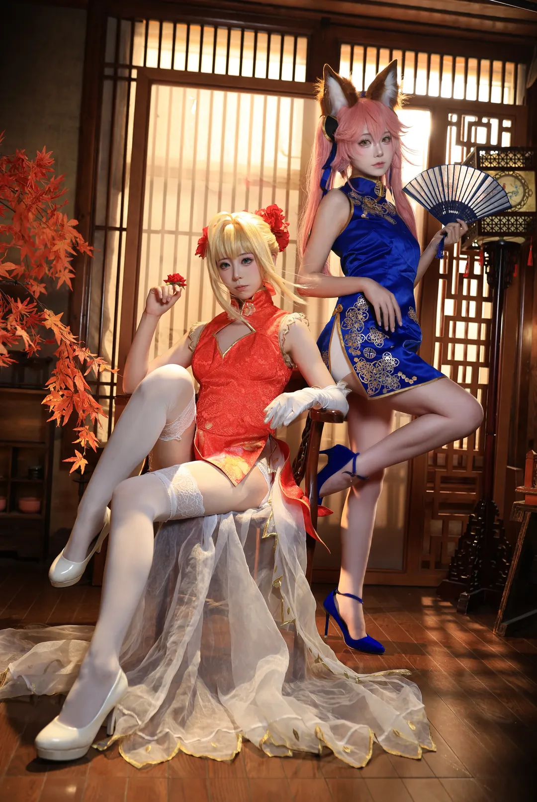 【尼禄玉藻前cos】FGO红蓝旗袍与丝袜的东方美