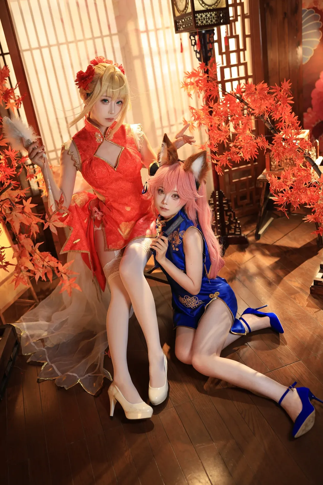 【尼禄玉藻前cos】FGO红蓝旗袍与丝袜的东方美 - 第 2 张