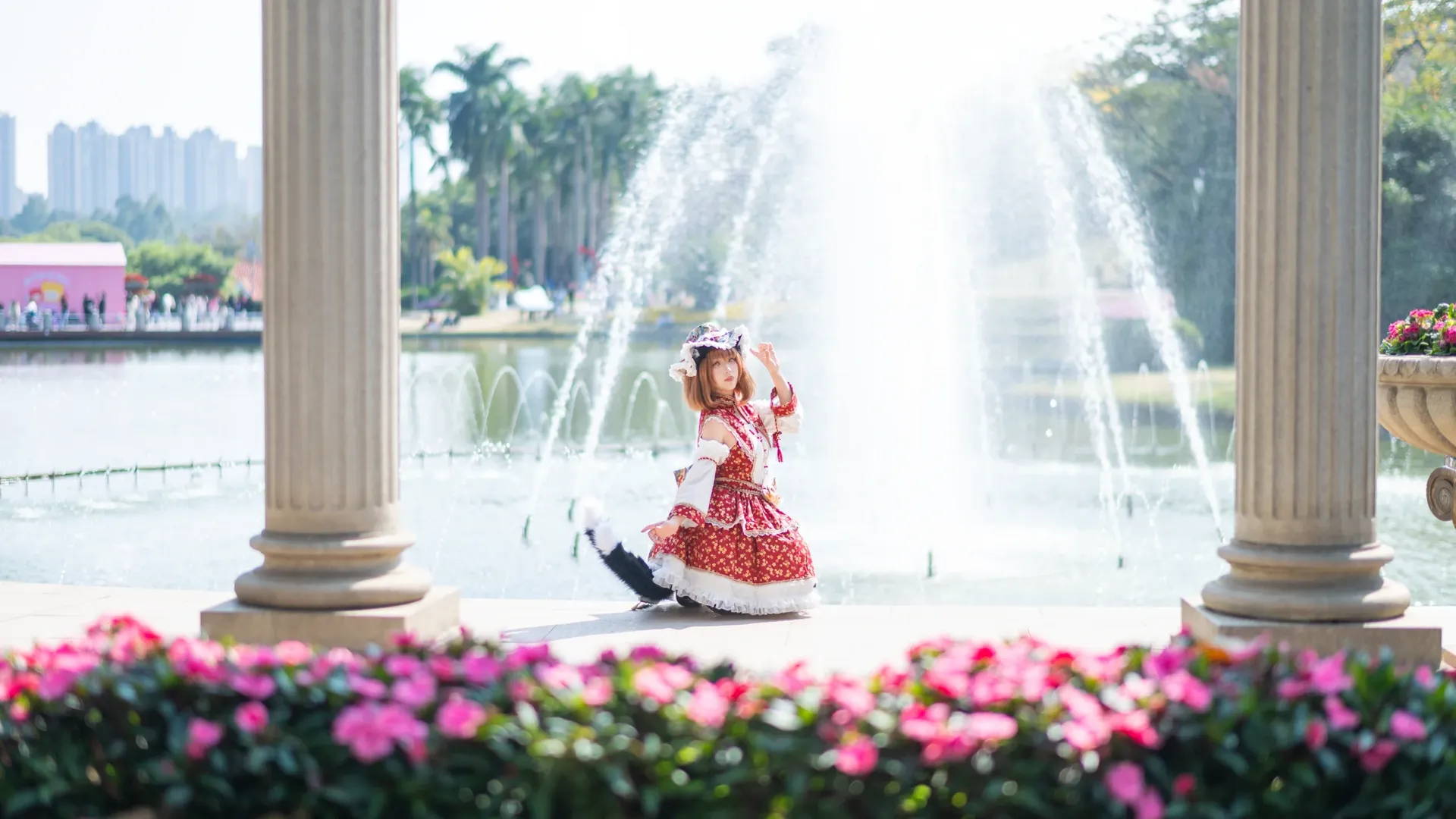 【Chen cosplay】Touhou Project: The Red Dress Cat Girl by the Fountain - Image 1