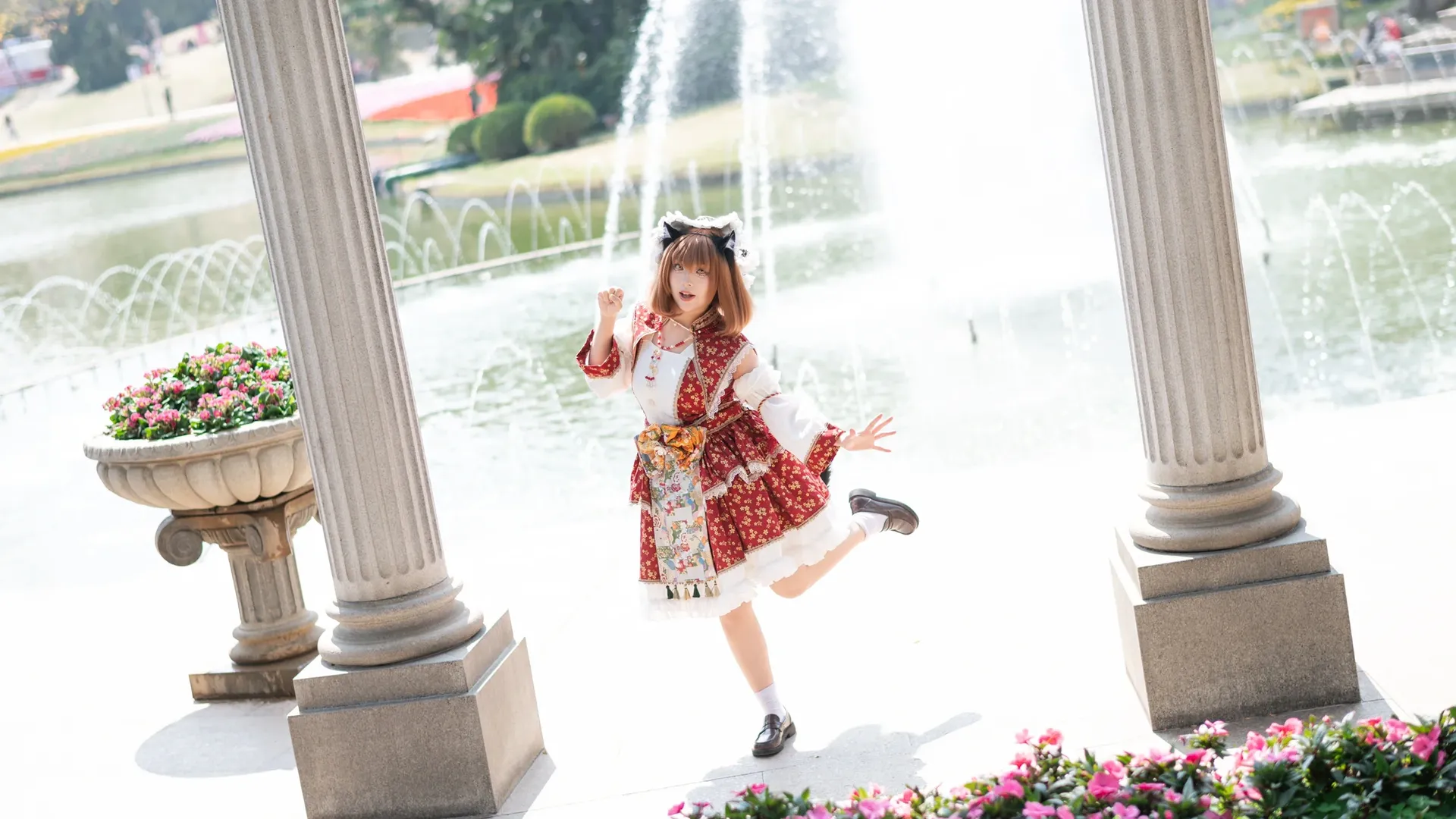 【Chen cosplay】Touhou Project: The Red Dress Cat Girl by the Fountain - Image 2