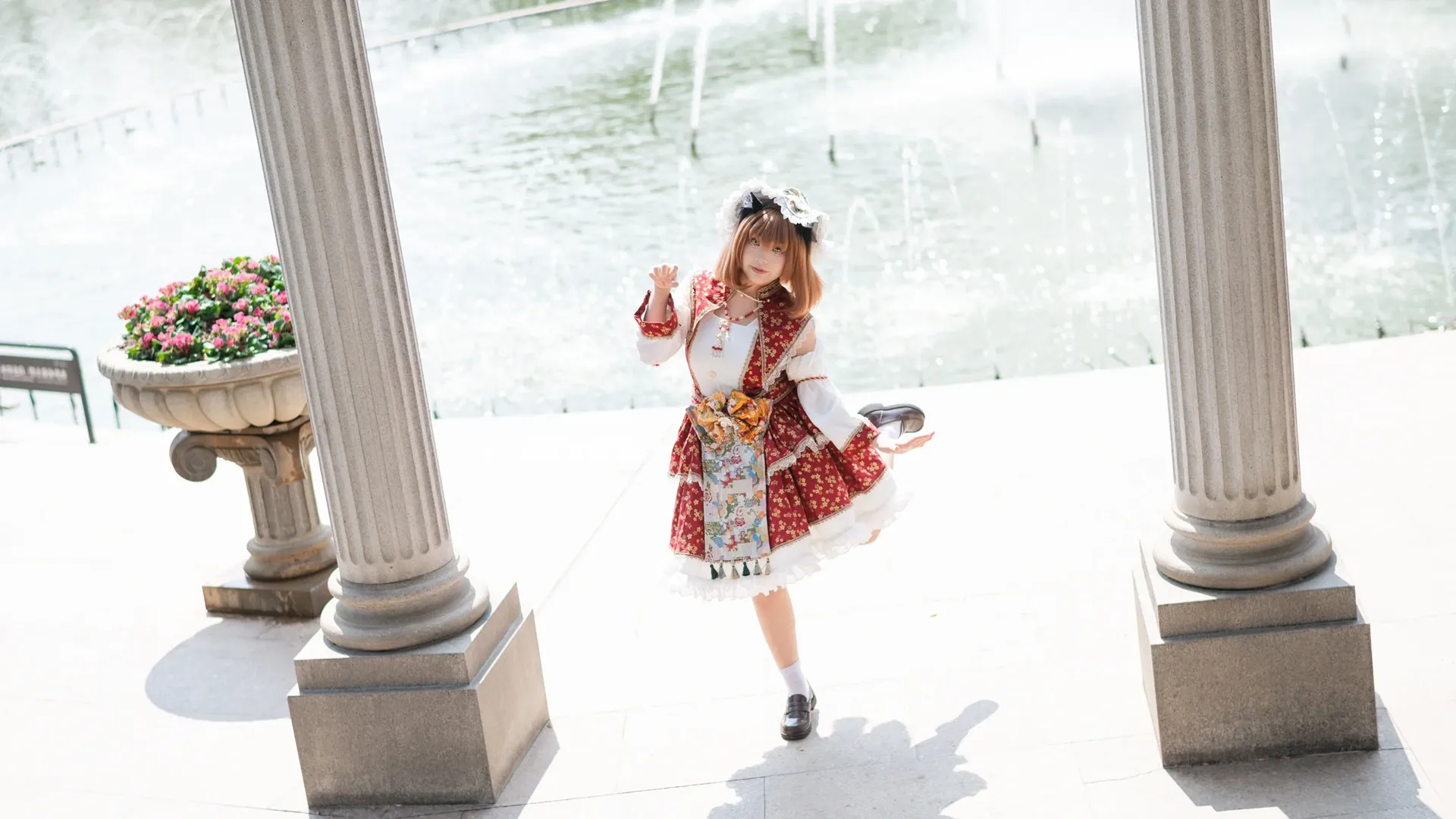 【Chen cosplay】Touhou Project: The Red Dress Cat Girl by the Fountain - Image 6