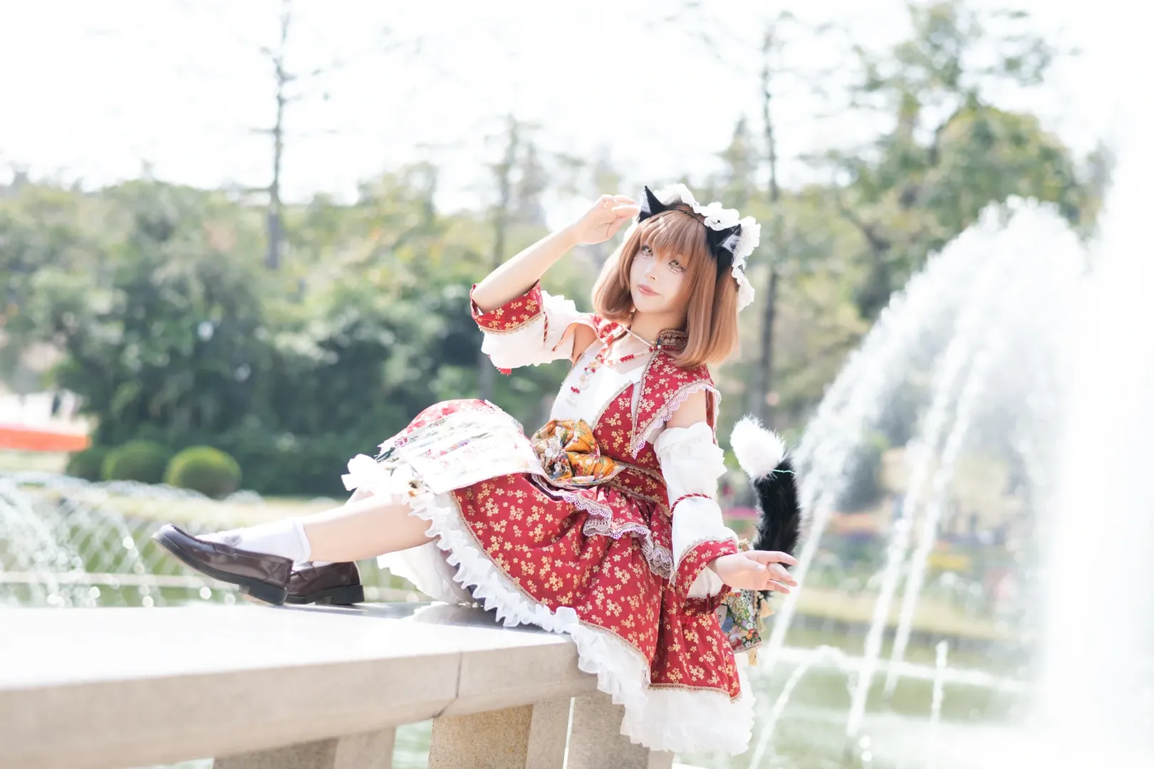 【Chen cosplay】Touhou Project: The Red Dress Cat Girl by the Fountain - Image 7
