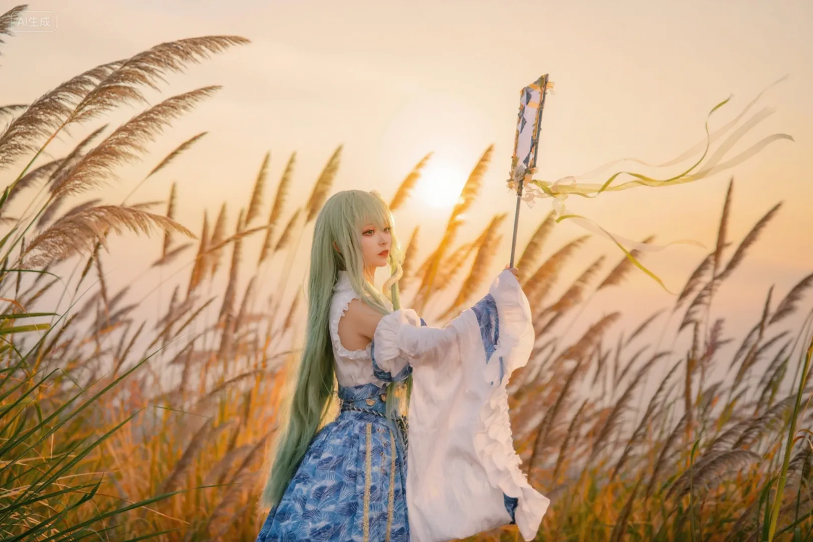 【东方谷早苗cos】逆光芦苇荡里的风祝，大风中的真实拍摄体验 - 第 6 张