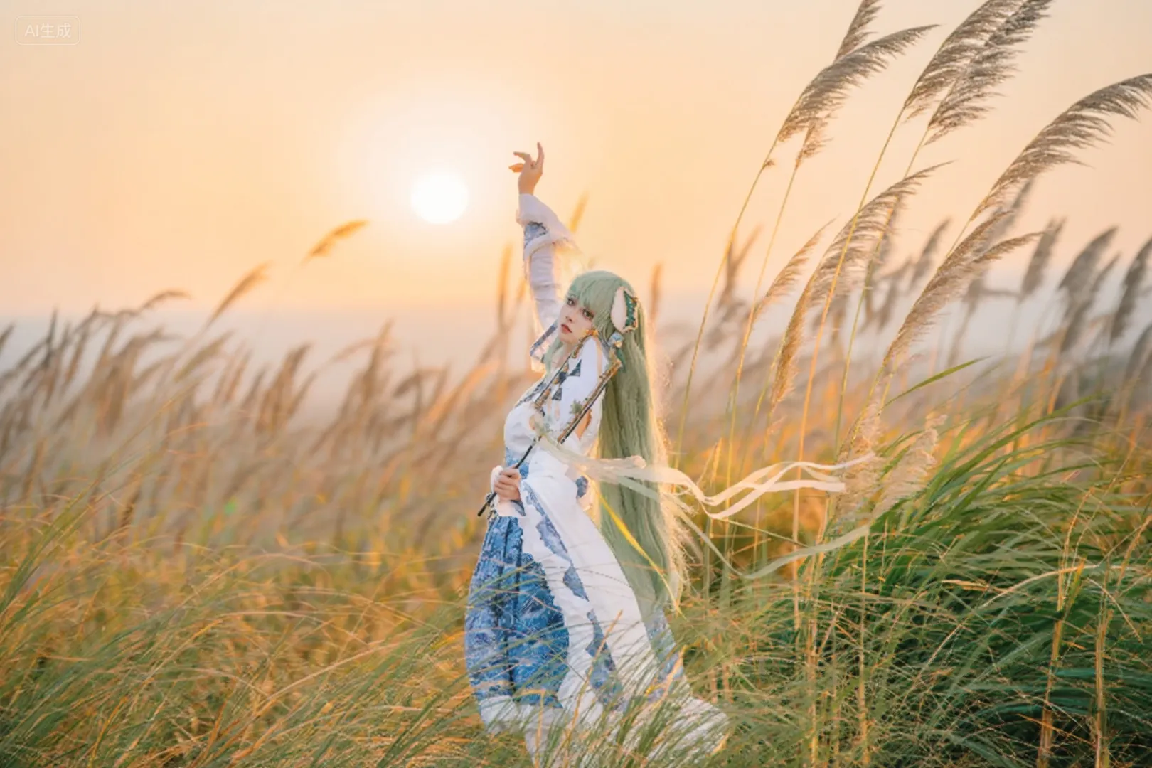 【东方谷早苗cos】逆光芦苇荡里的风祝，大风中的真实拍摄体验 - 第 7 张