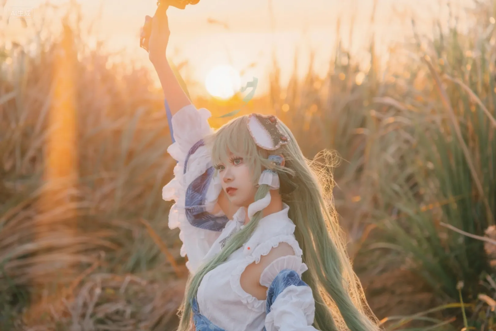 【东方谷早苗cos】逆光芦苇荡里的风祝，大风中的真实拍摄体验 - 第 9 张
