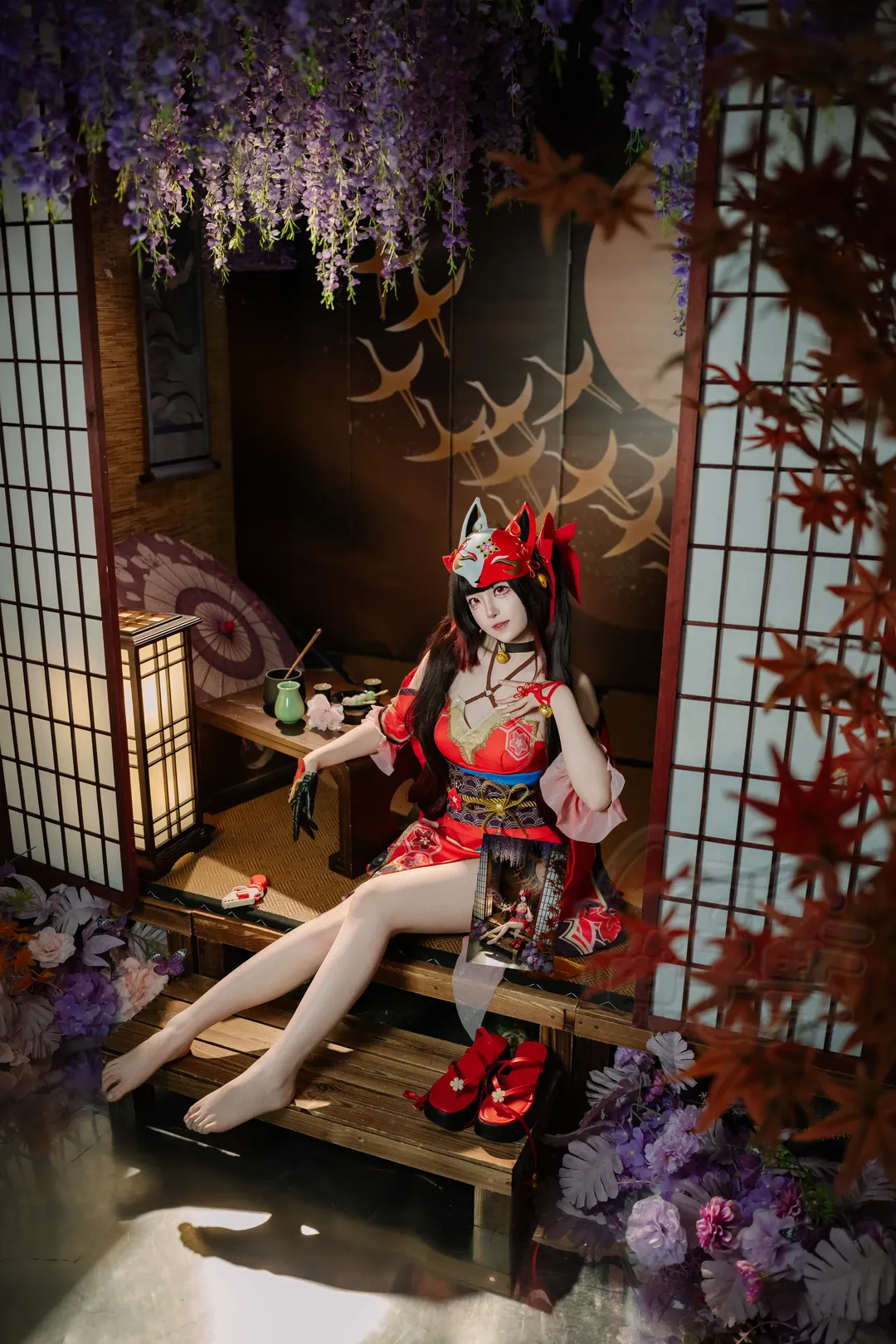 【花火 コスプレ】崩壊：スターレイル、紅葉と藤の花の下の狐面スタイル少女 - 1 枚目