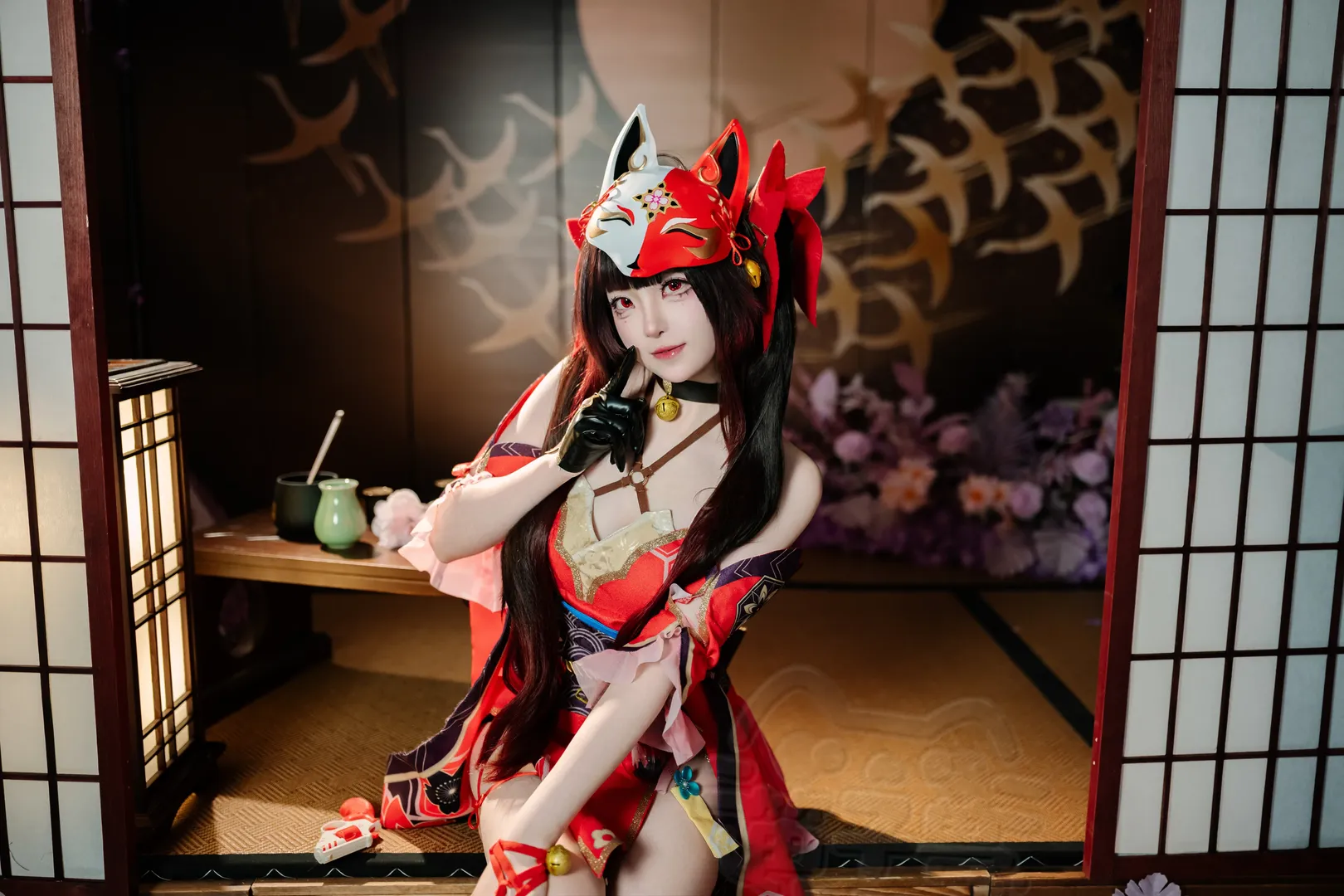 【花火 コスプレ】崩壊：スターレイル、紅葉と藤の花の下の狐面スタイル少女 - 2 枚目
