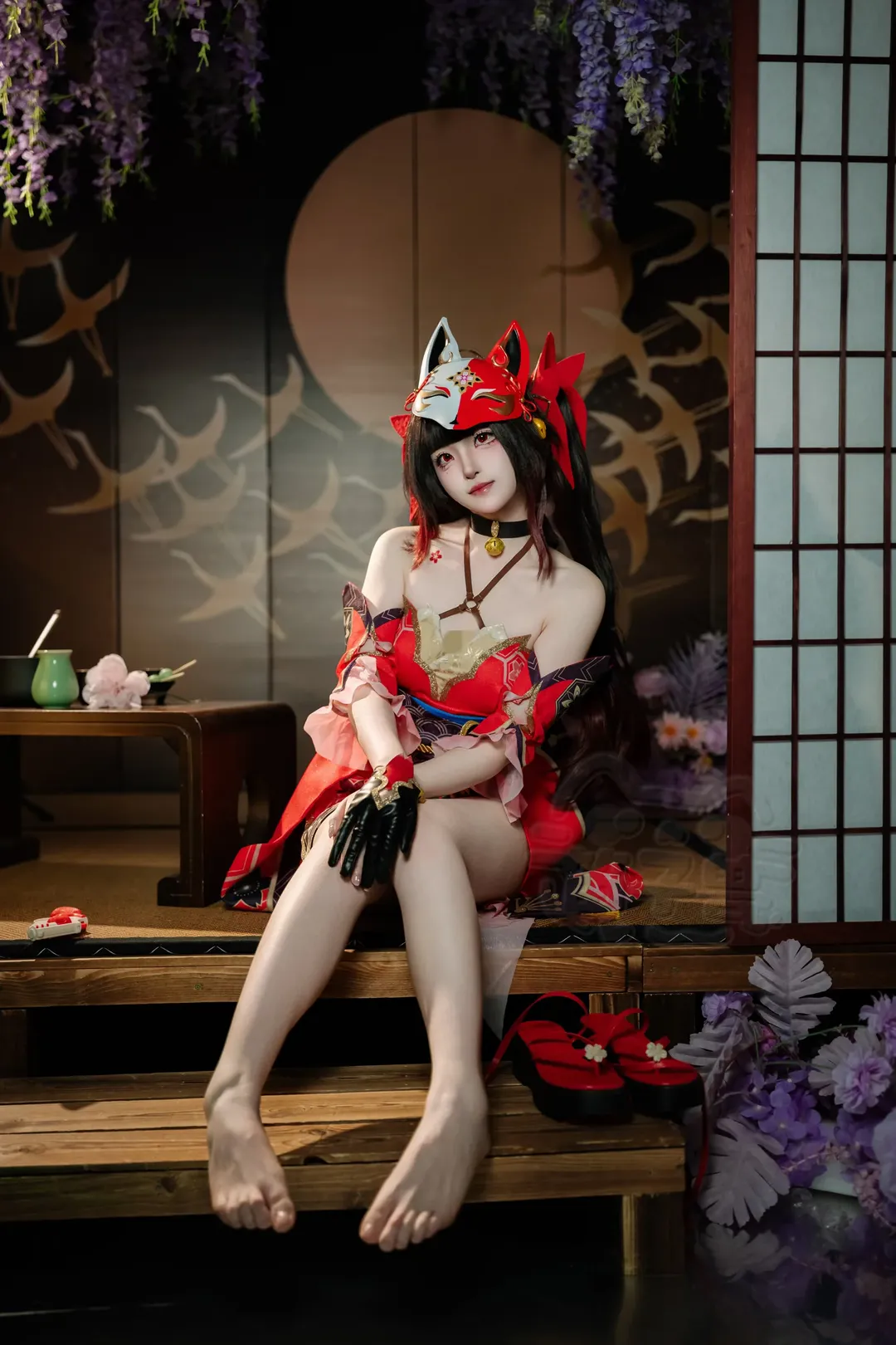 【花火 コスプレ】崩壊：スターレイル、紅葉と藤の花の下の狐面スタイル少女 - 4 枚目