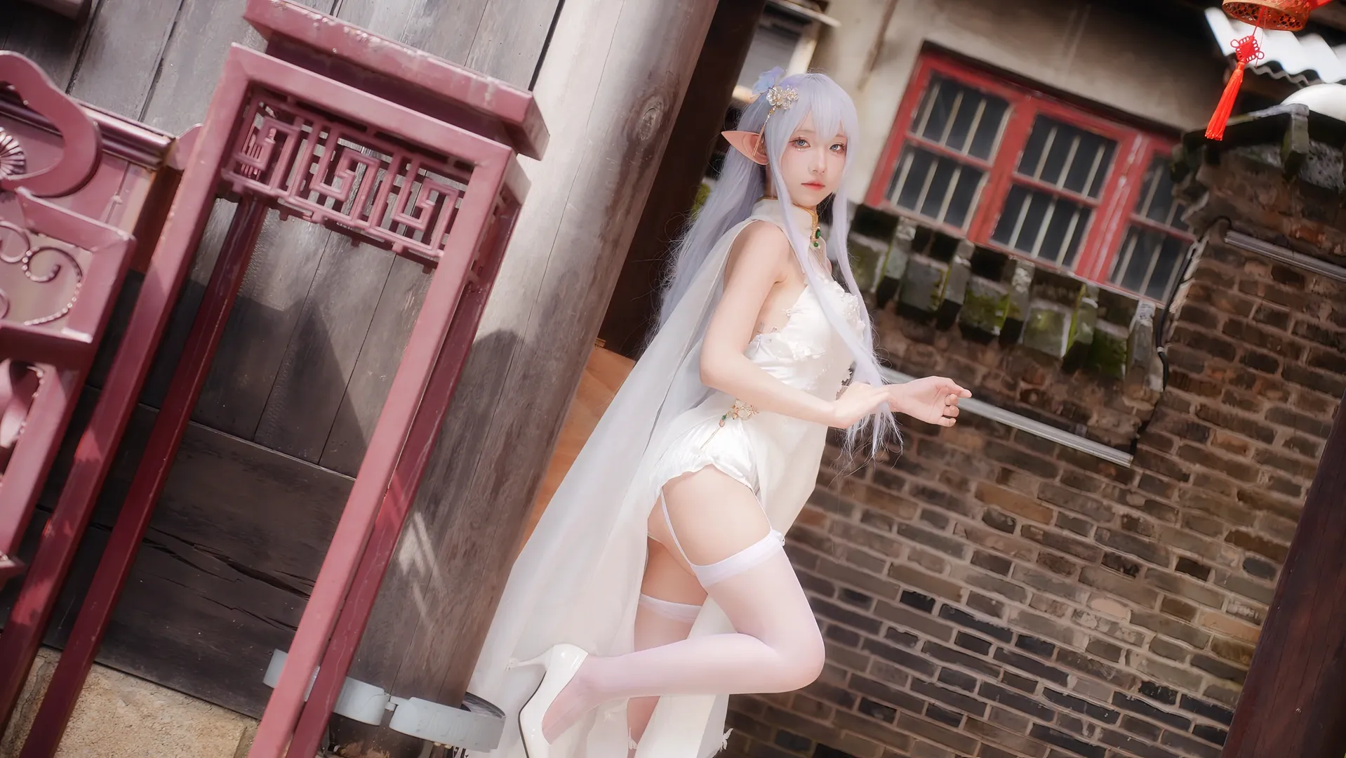 【阿尔比恩cos】中式院落里的白色精灵，碧蓝航线清凉节写真 - 第 6 张