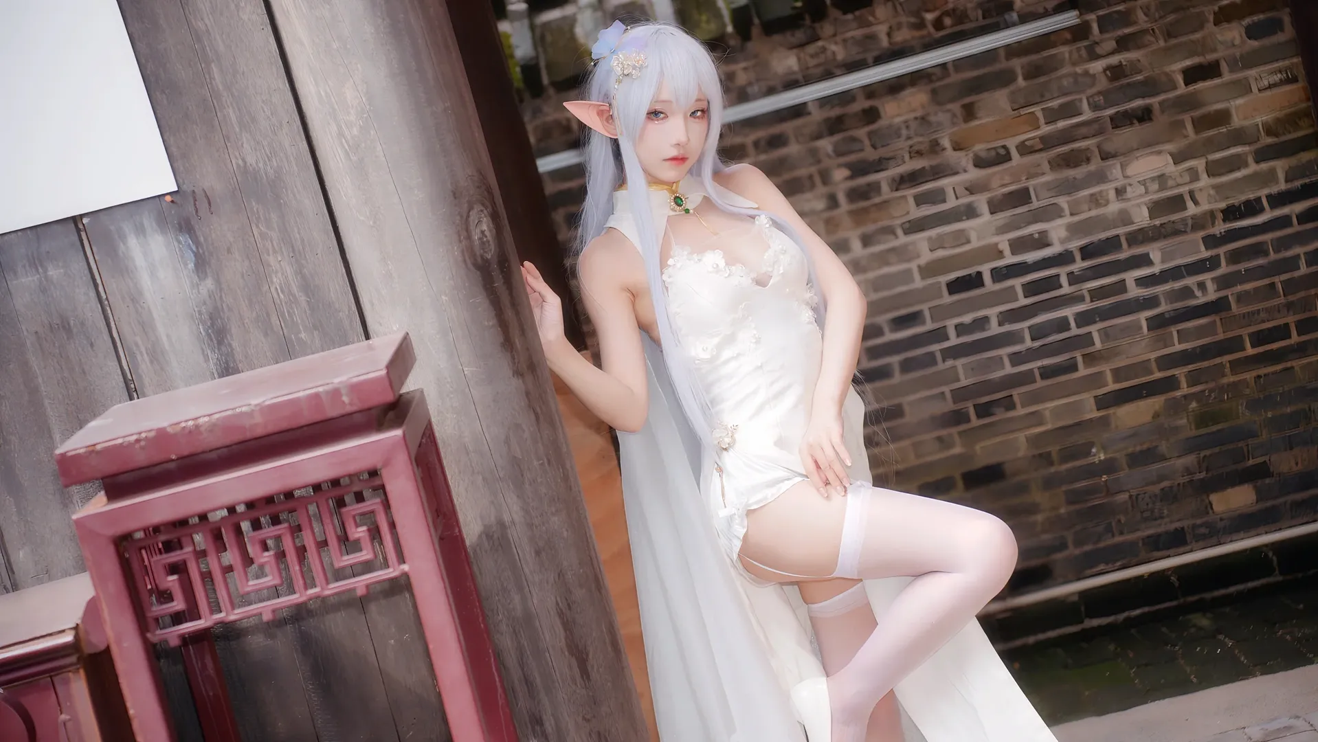 【阿尔比恩cos】中式院落里的白色精灵，碧蓝航线清凉节写真 - 第 7 张
