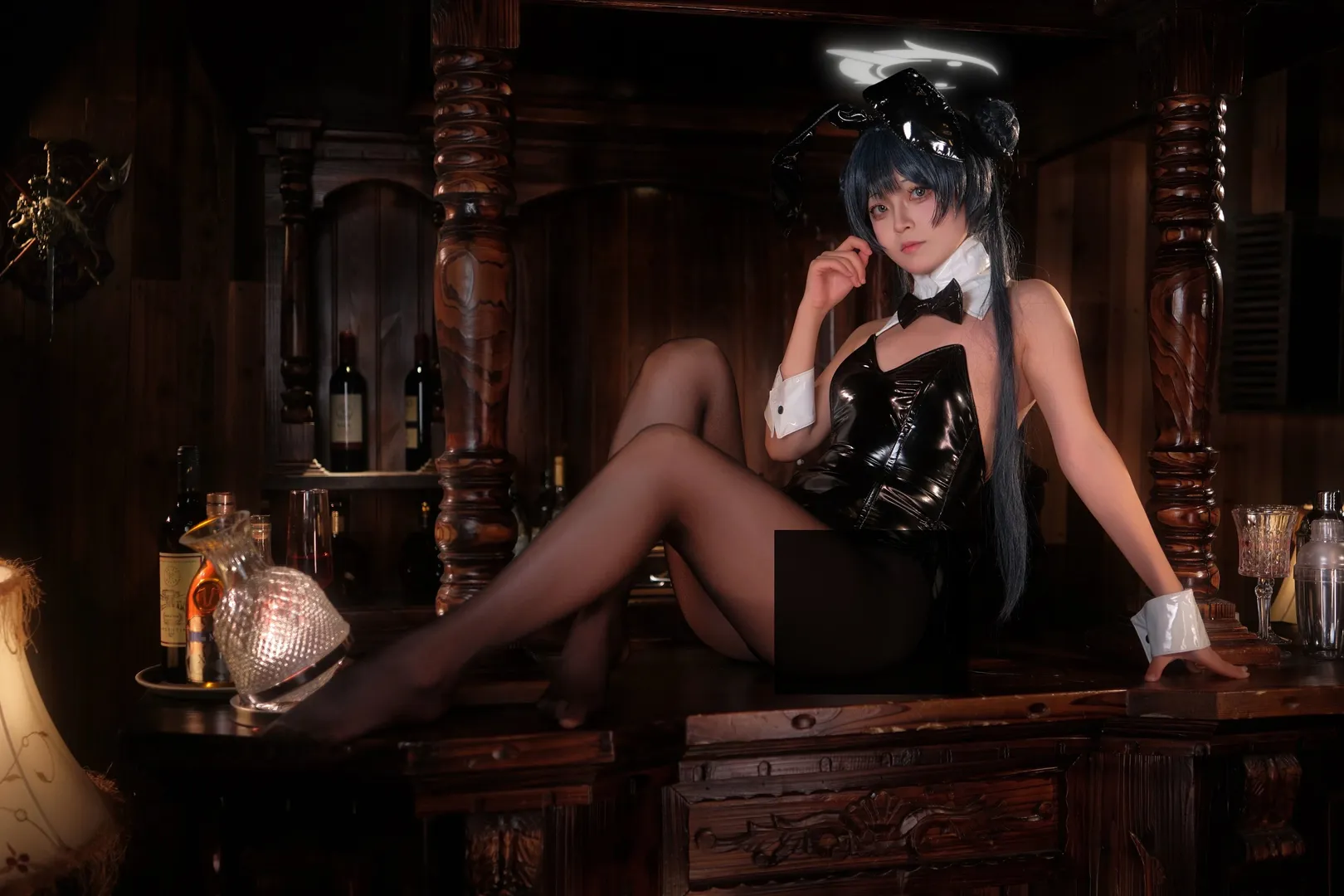 [Misaki cosplay] Blue Archive Bunny girl: The Black stockings Phantom in a Moody Bar - Image 3