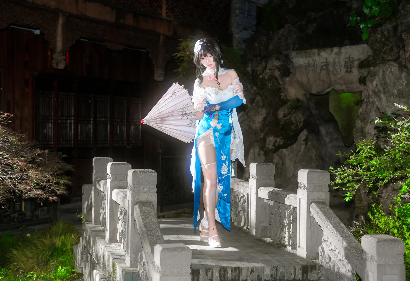 [Ruan Mei Cosplay] Honkai: Star Rail — Blue and White Folding Fan Half-Concealing the Night Garden - Image 2