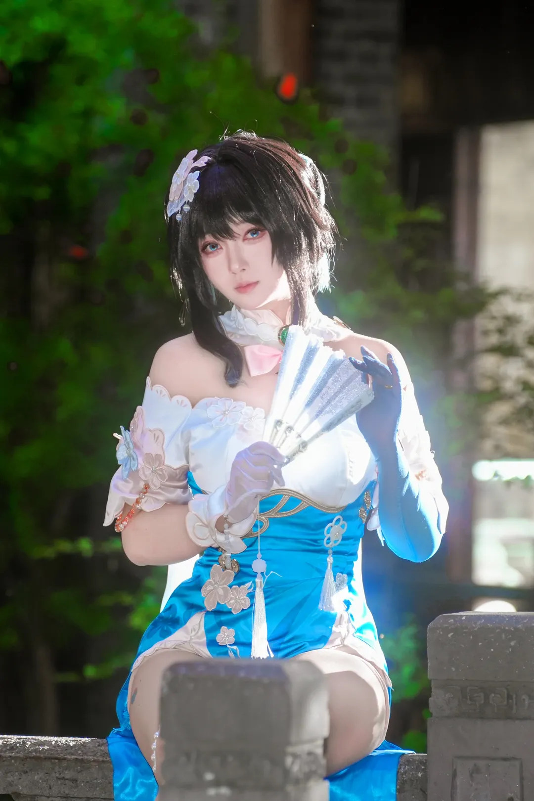 [Ruan Mei Cosplay] Honkai: Star Rail — Blue and White Folding Fan Half-Concealing the Night Garden - Image 3