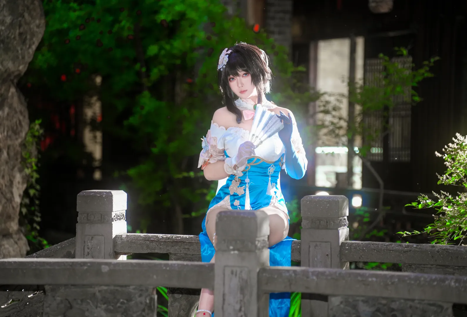 [Ruan Mei Cosplay] Honkai: Star Rail — Blue and White Folding Fan Half-Concealing the Night Garden - Image 4