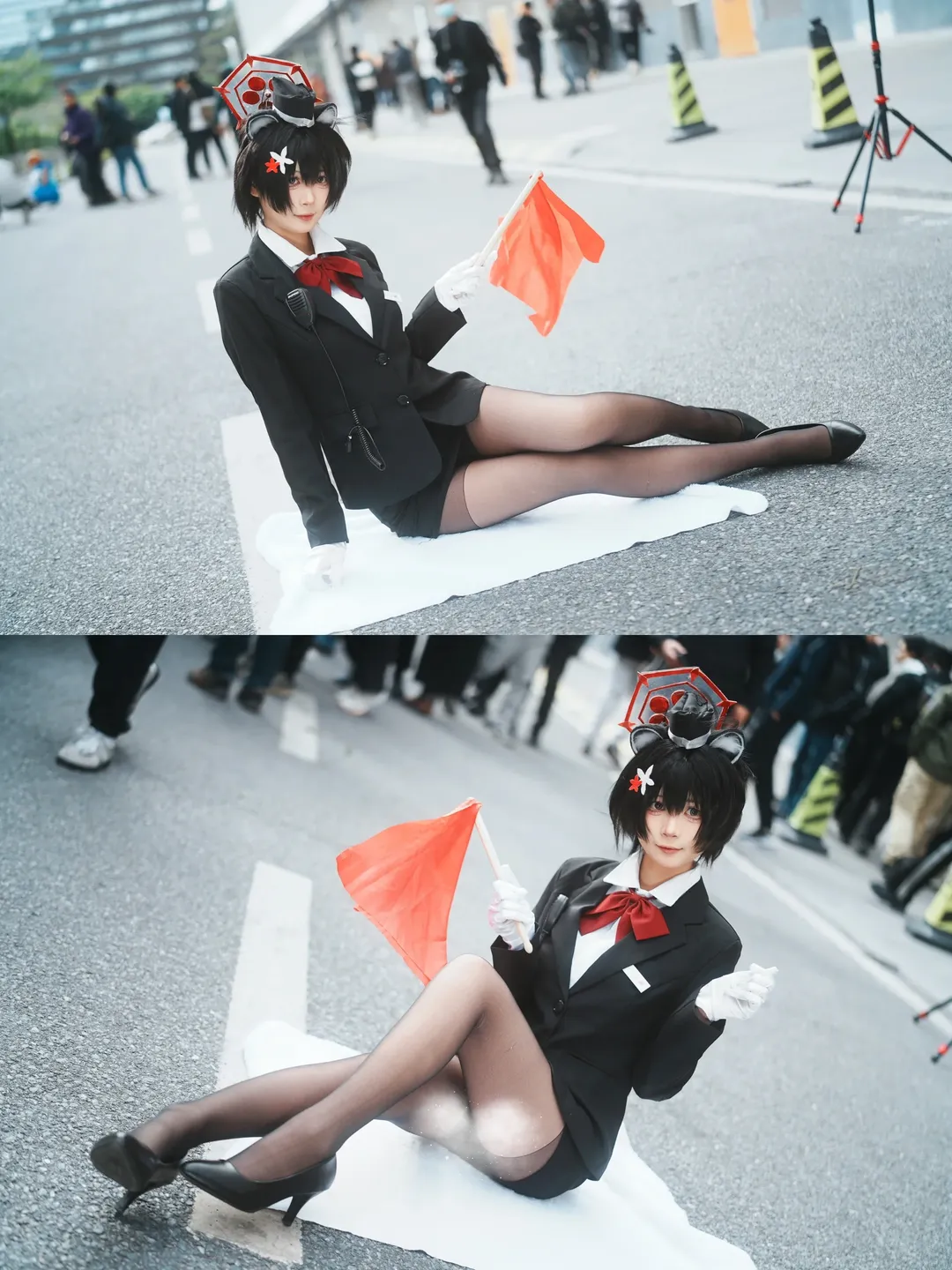 【春日ツバキ コスプレ】ブルーアーカイブのガイド信号旗、制服を着て街頭ロケへ - 1 枚目