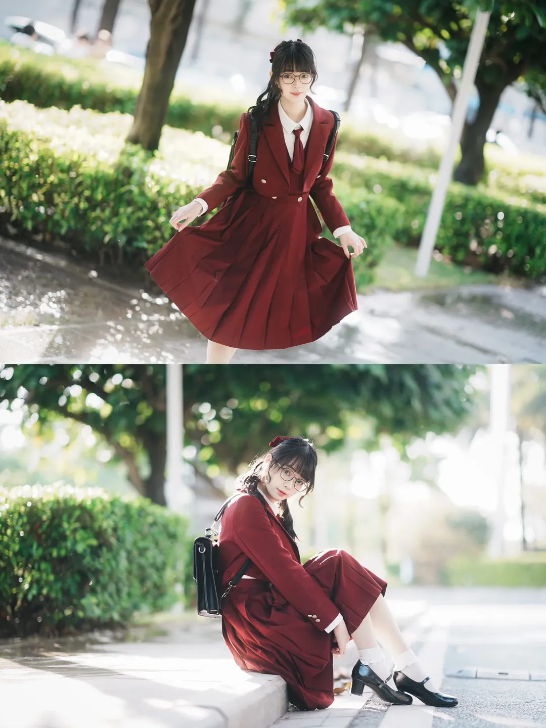 【Hatsumonogatari Anime Convention】Outdoor Shoot: Wine Red JK uniform Street Snap - Image 4
