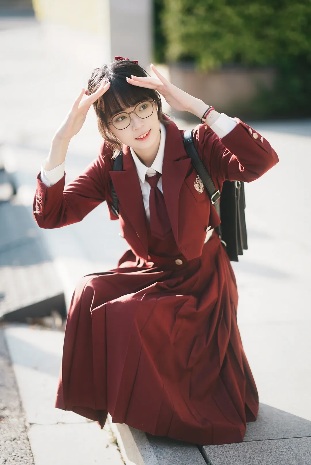 【Hatsumonogatari Anime Convention】Outdoor Shoot: Wine Red JK uniform Street Snap - Image 8