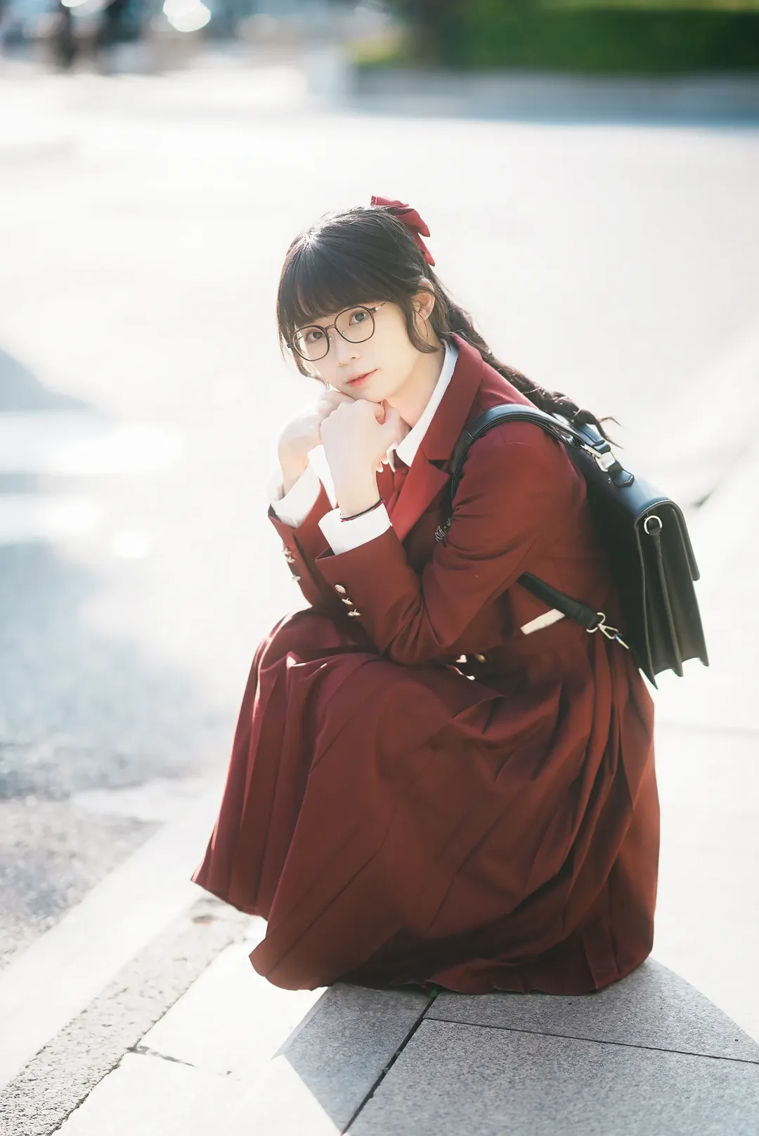 【Hatsumonogatari Anime Convention】Outdoor Shoot: Wine Red JK uniform Street Snap - Image 9