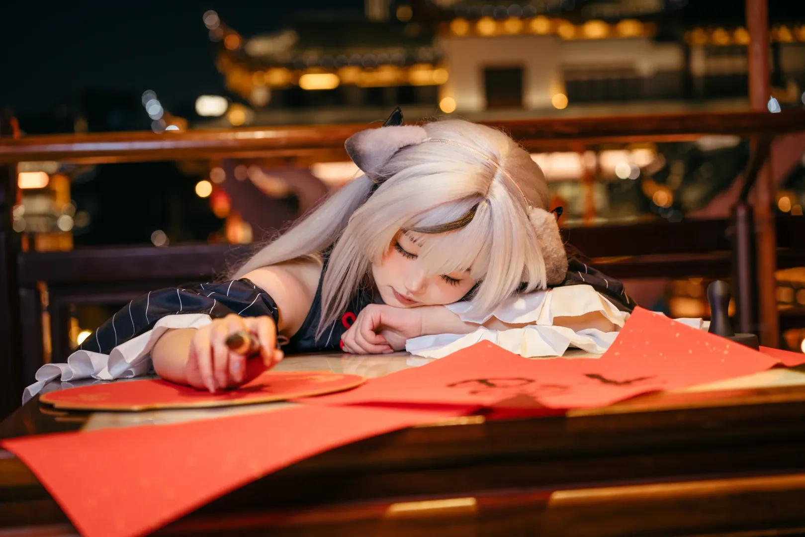【春原心奈cos】在豫园写毛笔字的新年夜晚 - 第 3 张