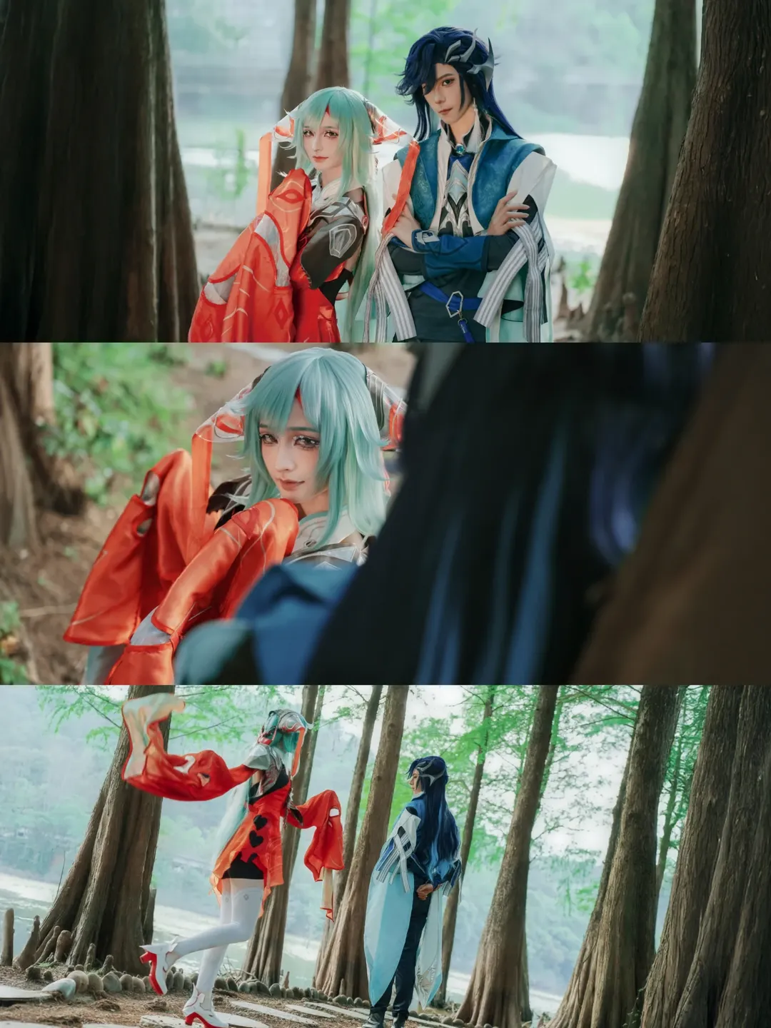 [Dyadia cosplay] Honor of Kings Qiyuan Duo: Red and White Partners in Natural Dawn Redwood Forest - Image 1