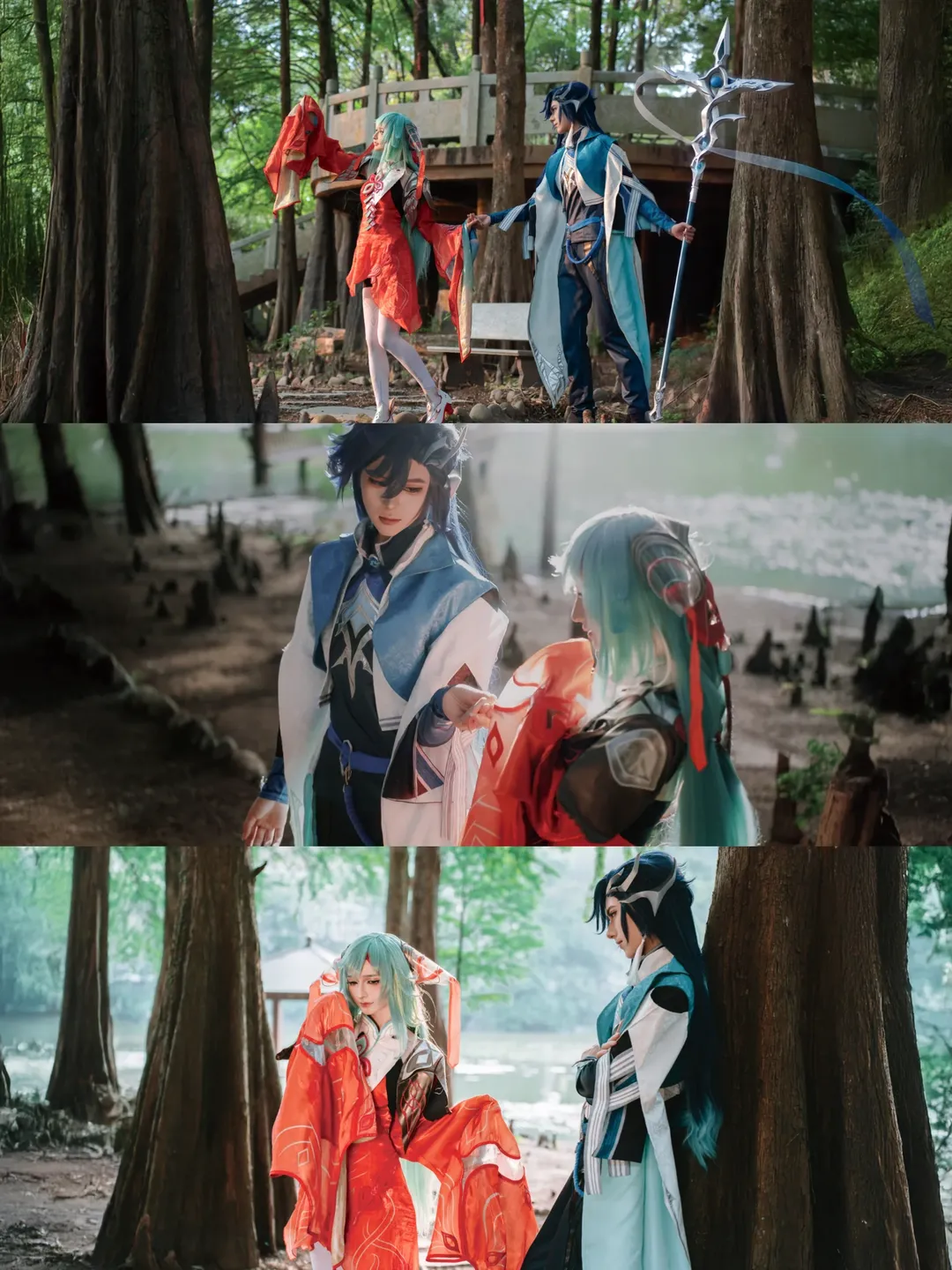 [Dyadia cosplay] Honor of Kings Qiyuan Duo: Red and White Partners in Natural Dawn Redwood Forest - Image 2