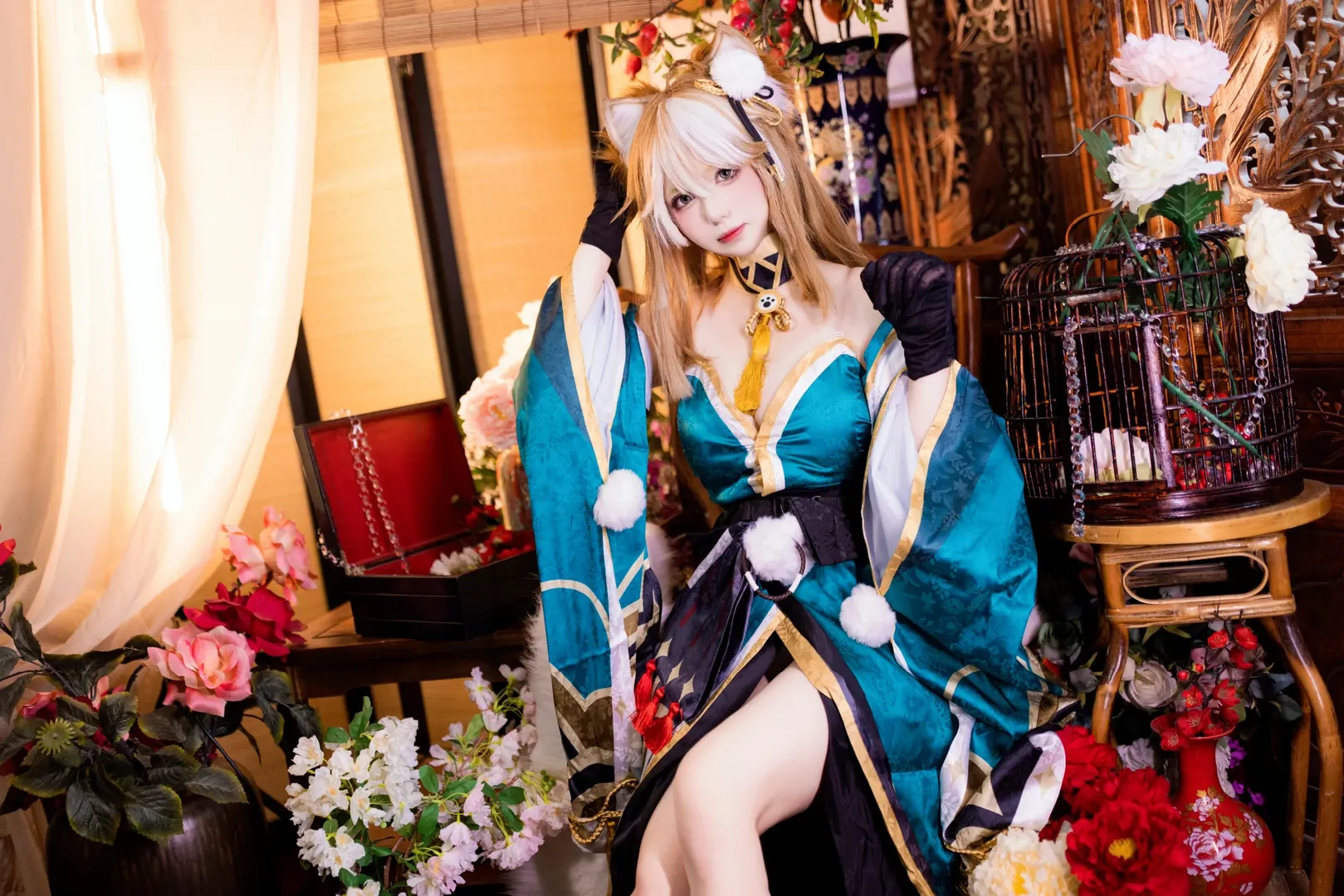 【希娜小姐cos】异域风情的青绿色狐耳兽耳娘 - 第 3 张