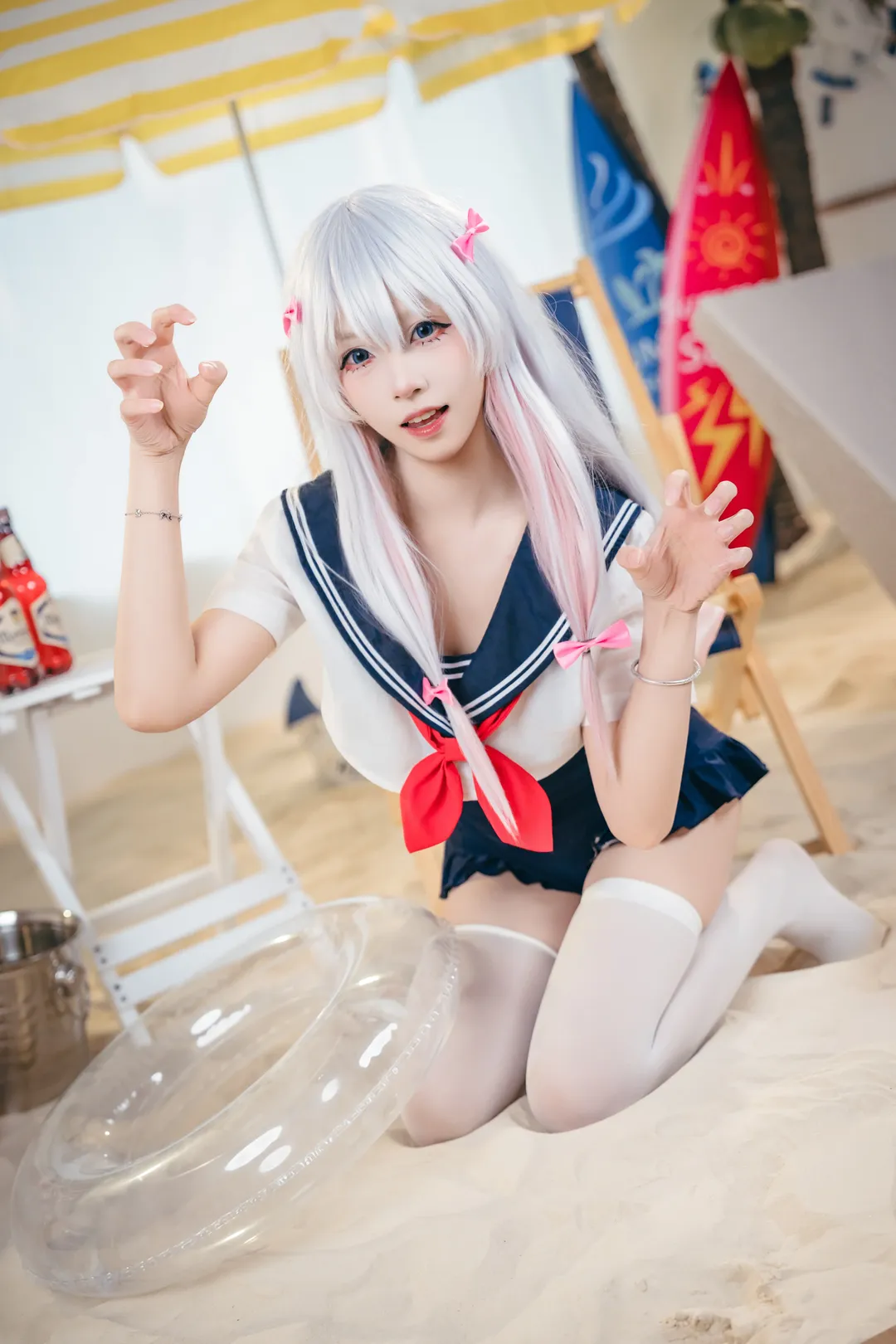 【纱雾cos】埃罗芒阿老师的夏日水手服，白丝与沙滩的完美搭配 - 第 6 张