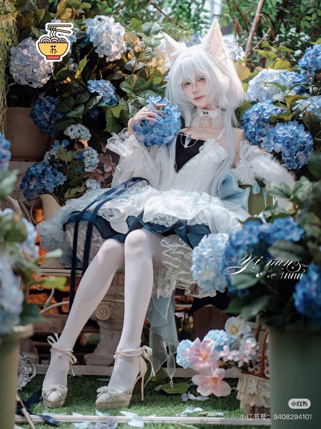 【迷迭香cos】明日方舟里的白丝小猫与蓝裙花丛