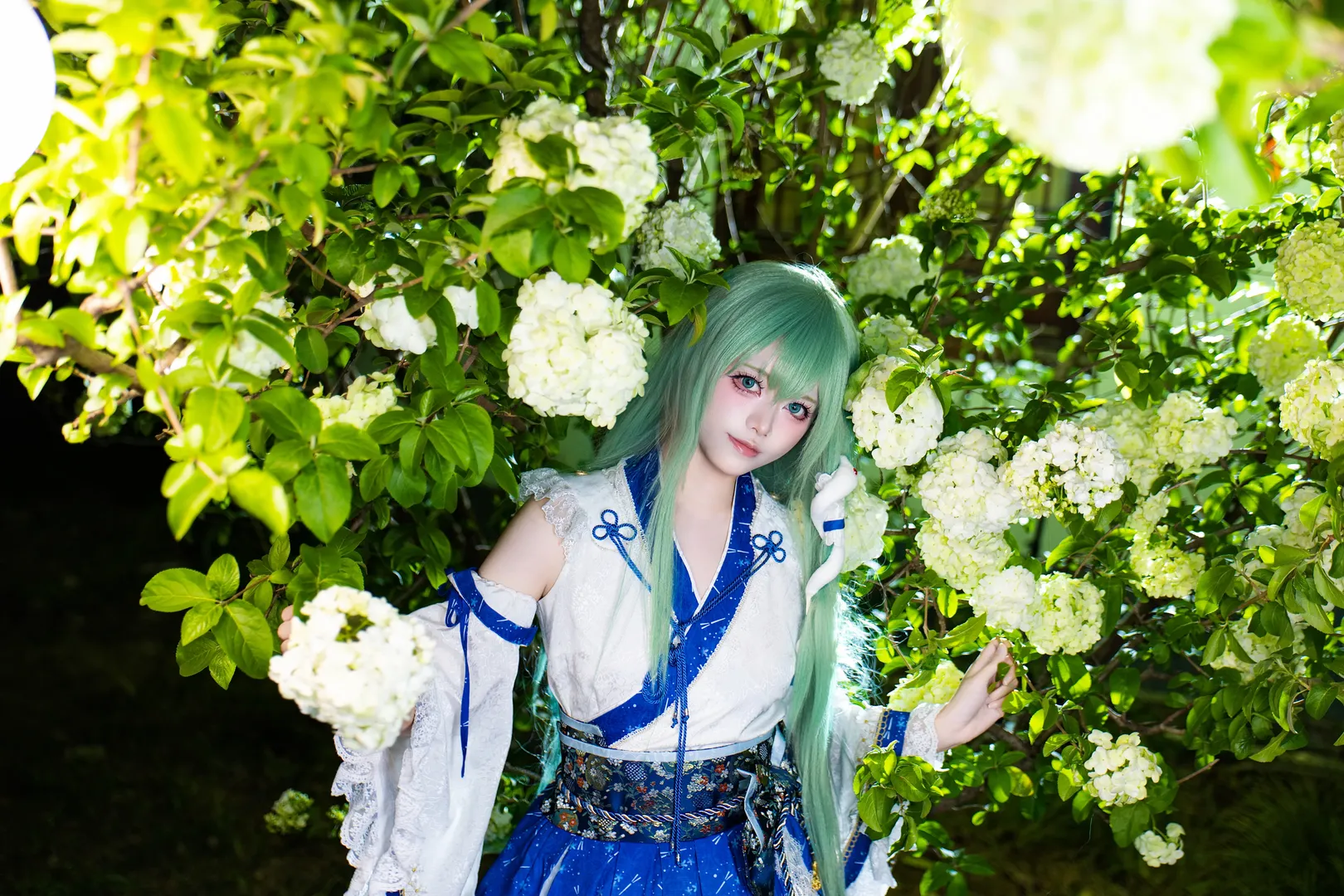 【東風谷早苗 コスプレ】東方Projectの夏の青空とアジサイの群生 - 2 枚目