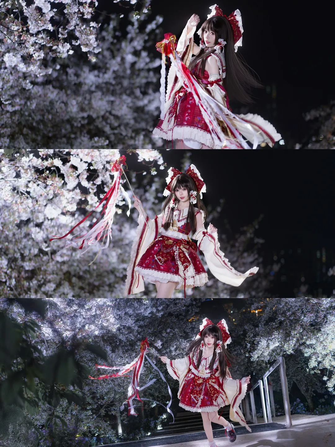 【博麗靈夢cos】夜櫻下的紅白巫女，定格靈動瞬間 - 第 1 張