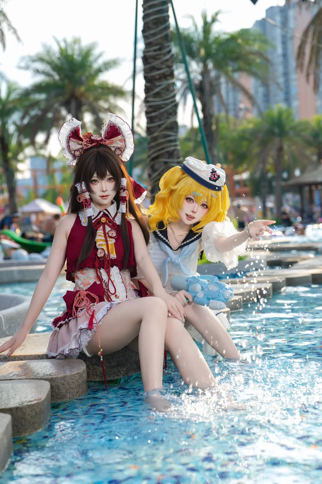 【博丽灵梦cos】东方project夏日水池边，与北白河千百合的二设泳装搭档 - 第 5 张