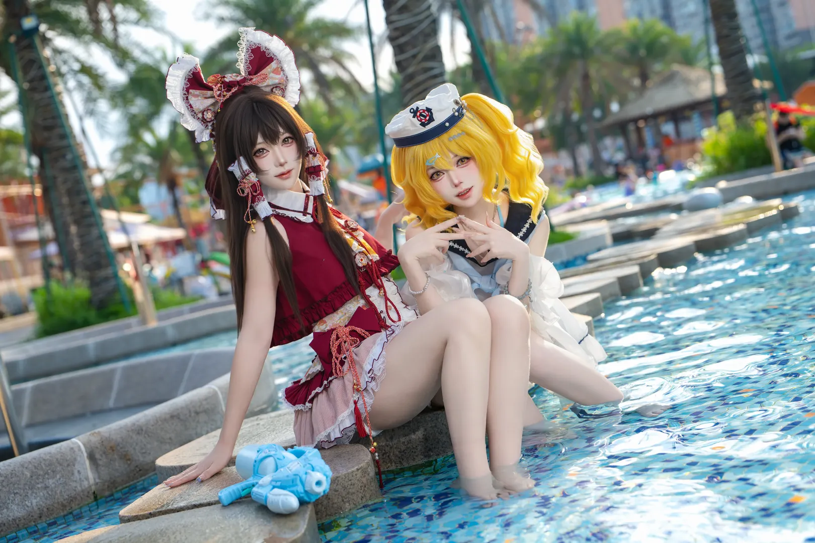 【博丽灵梦cos】东方project夏日水池边，与北白河千百合的二设泳装搭档 - 第 6 张