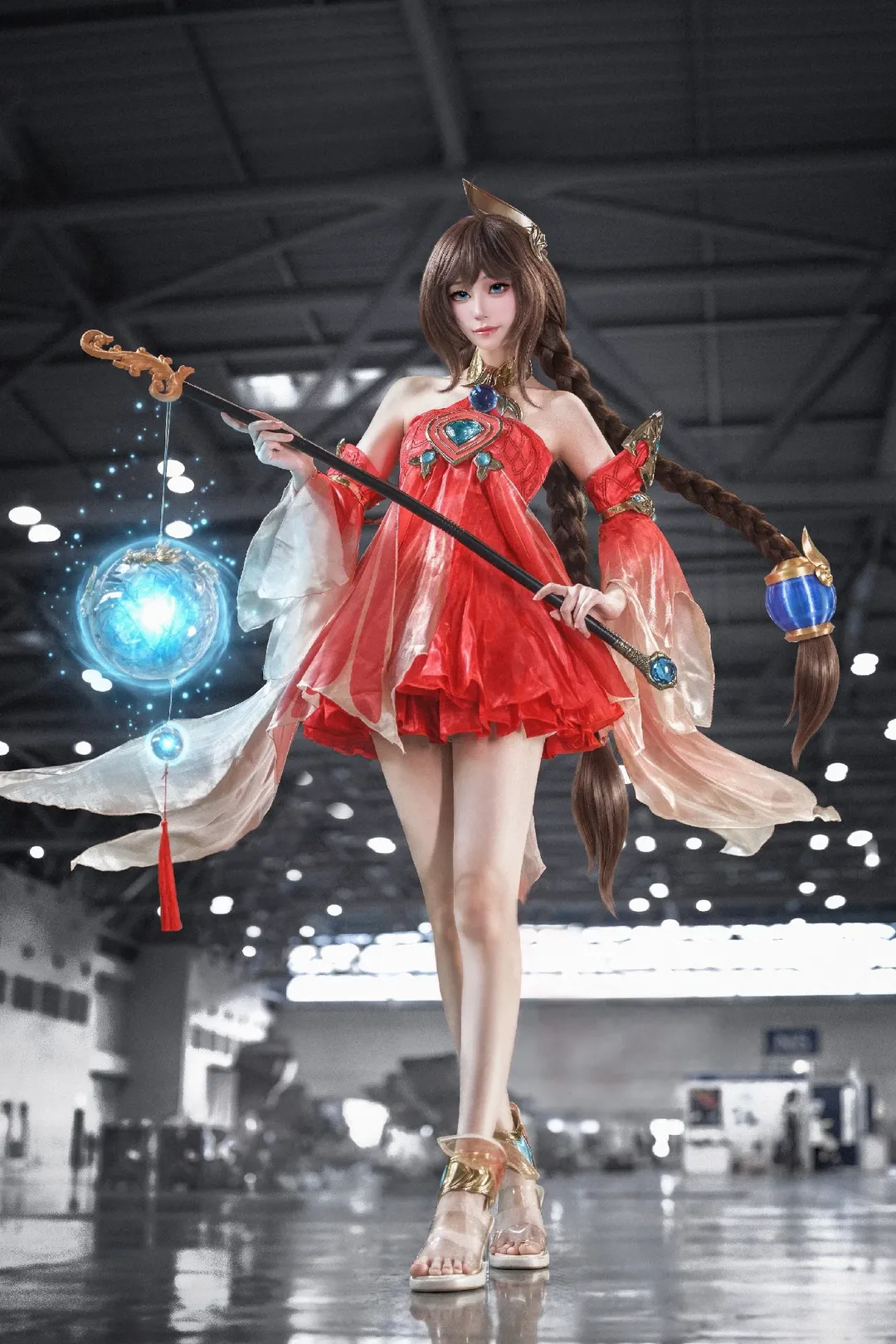 【大乔cos】王者荣耀是梦20场照返图，红裙法杖尽显纤长身姿