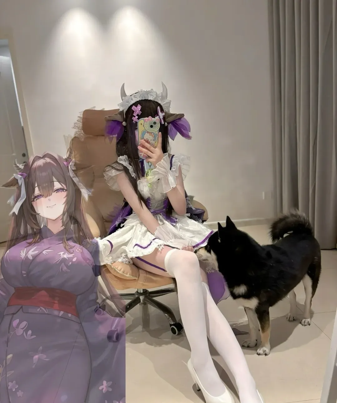 【碧蓝航线cos】居家紫系兽耳女仆装，柴犬意外抢镜