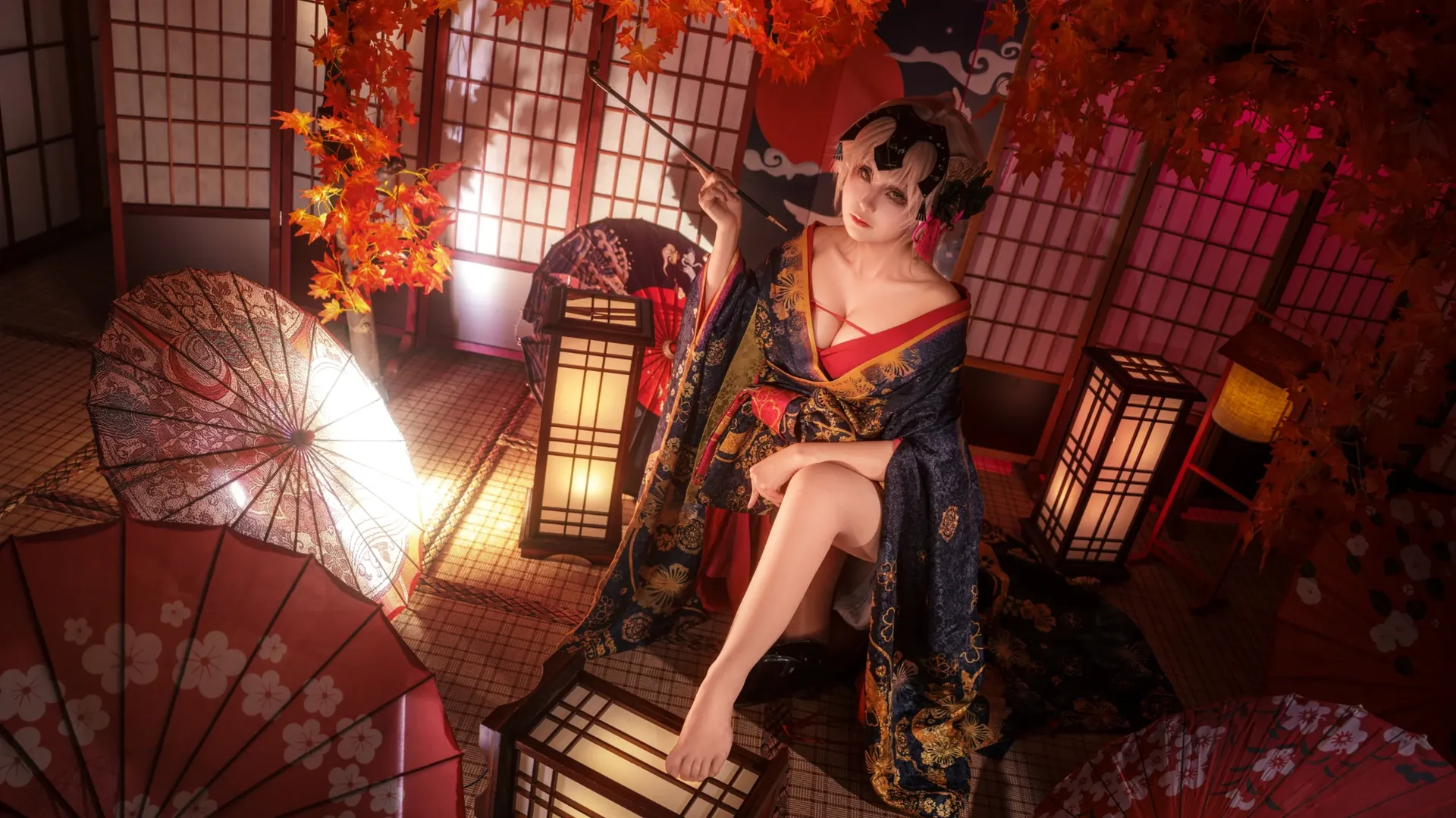 【黑贞cos】FGO花魁造型，暗夜枫红下的慵懒时刻
