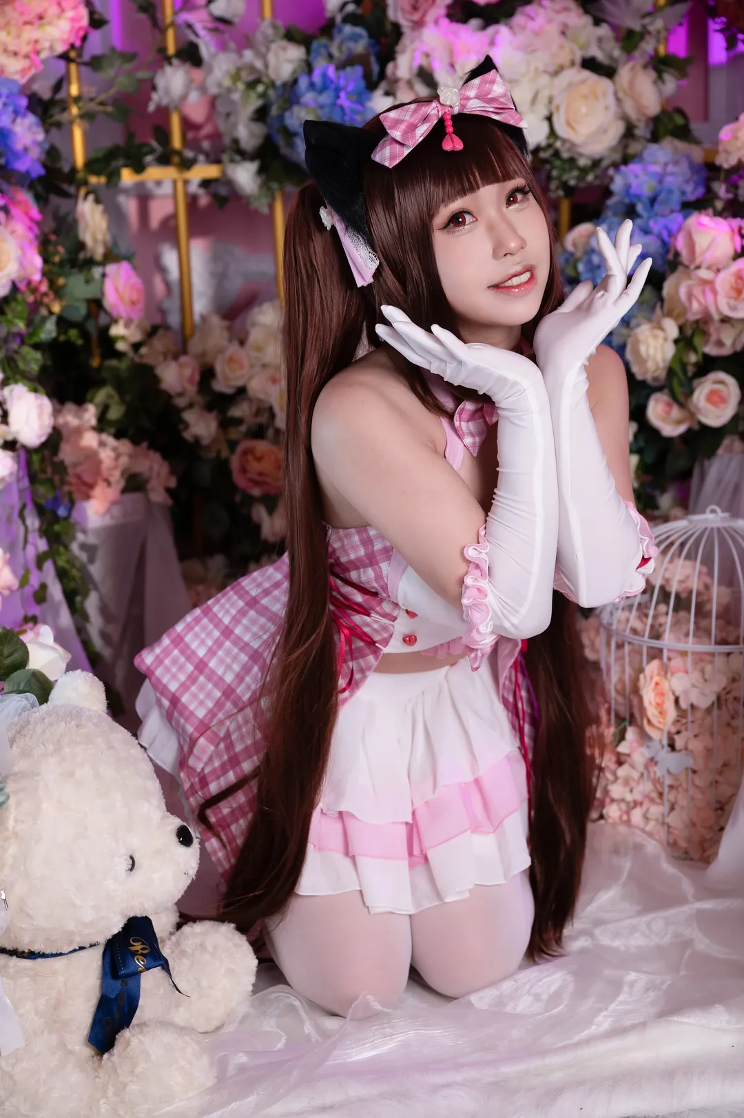 【Chocola cosplay】NEKOPARA's Sweetheart: Pink & White Plaid Dress with White Tights and Red Heels - Image 1