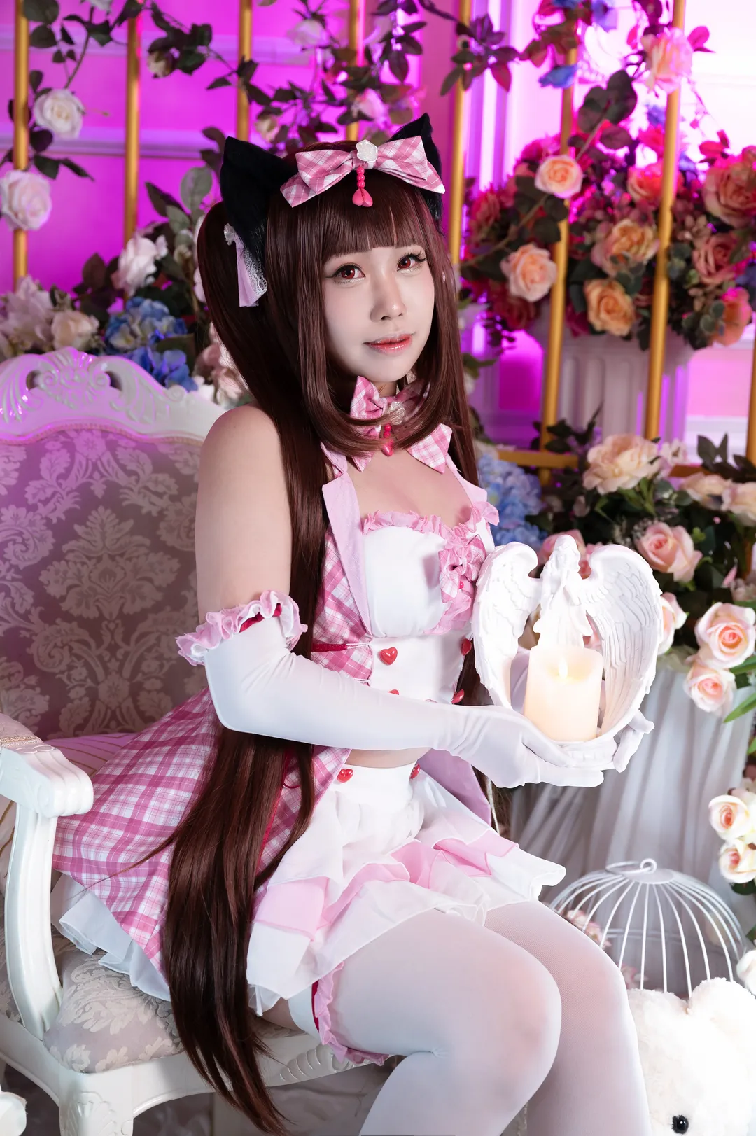 【Chocola cosplay】NEKOPARA's Sweetheart: Pink & White Plaid Dress with White Tights and Red Heels - Image 10