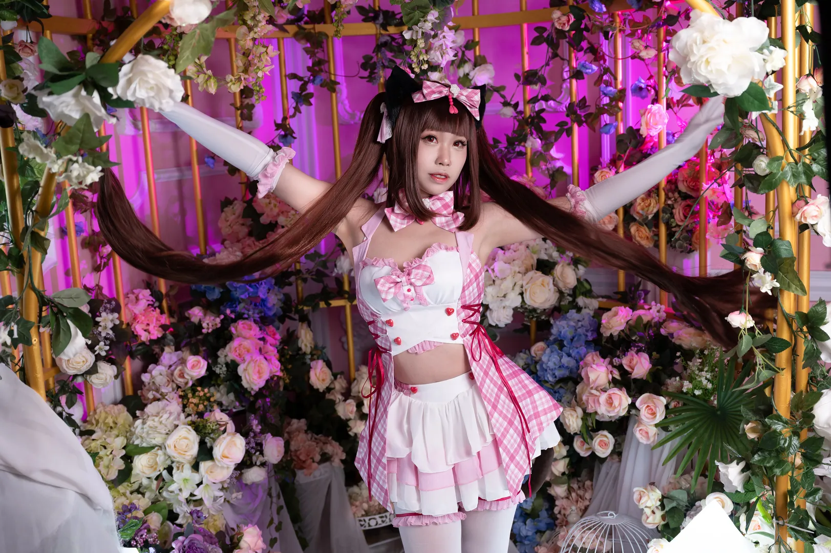 【Chocola cosplay】NEKOPARA's Sweetheart: Pink & White Plaid Dress with White Tights and Red Heels - Image 2