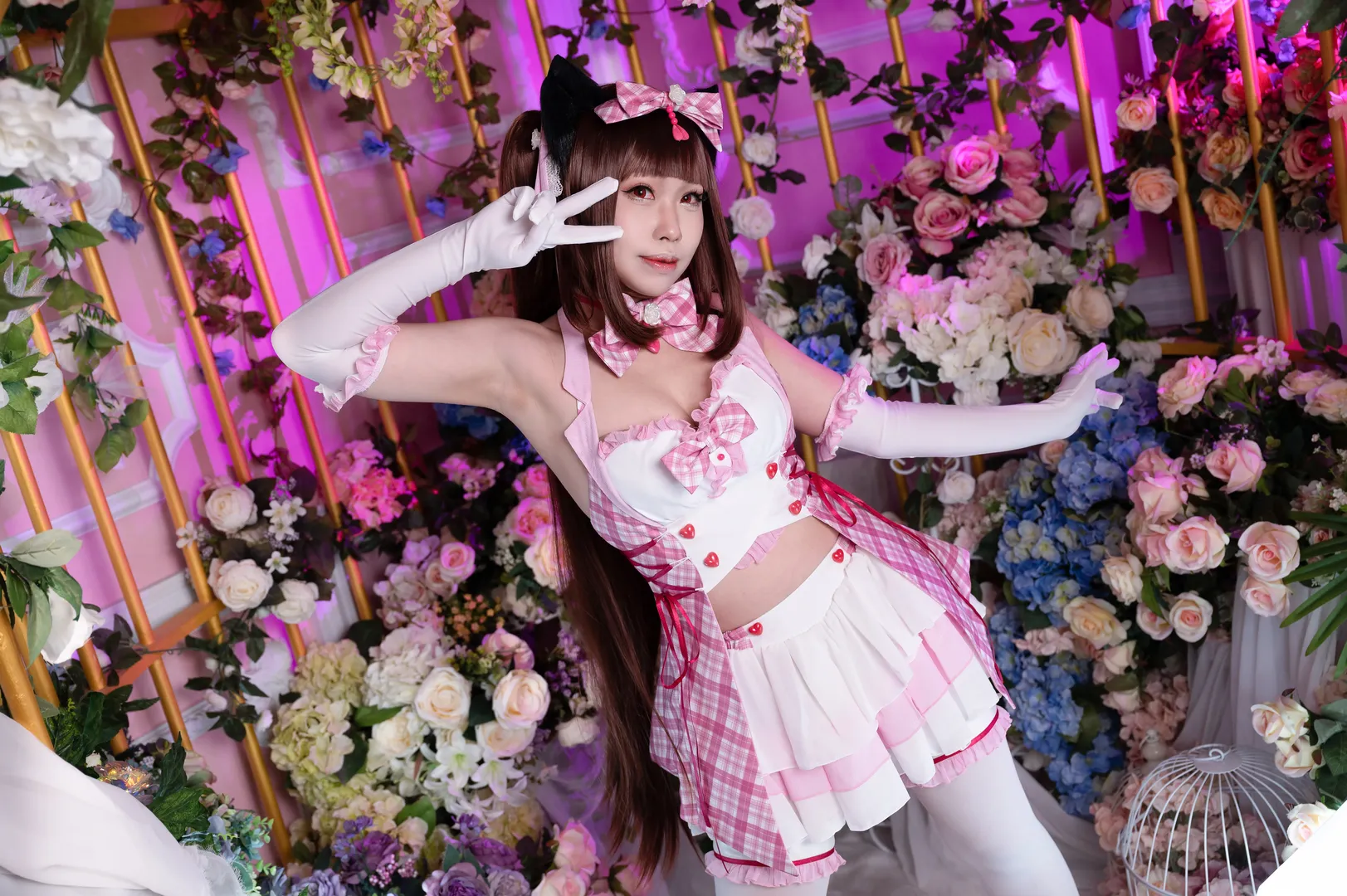 【Chocola cosplay】NEKOPARA's Sweetheart: Pink & White Plaid Dress with White Tights and Red Heels - Image 3