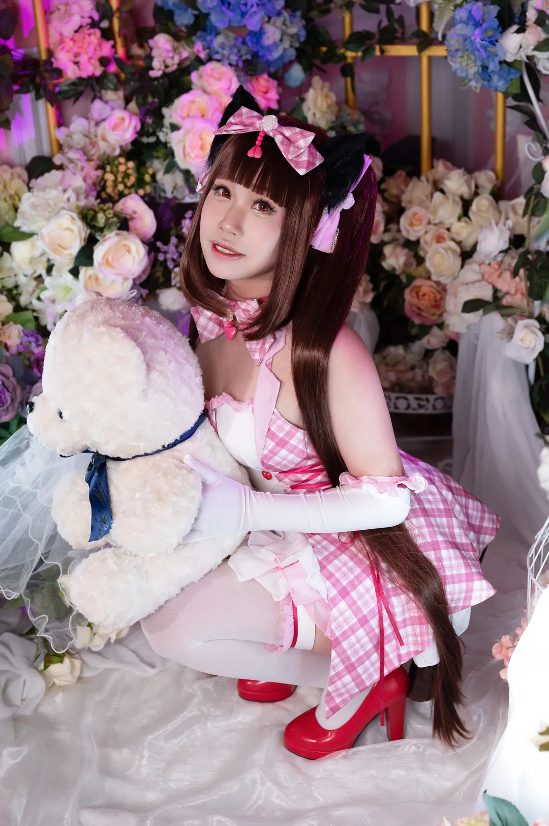 【Chocola cosplay】NEKOPARA's Sweetheart: Pink & White Plaid Dress with White Tights and Red Heels - Image 5