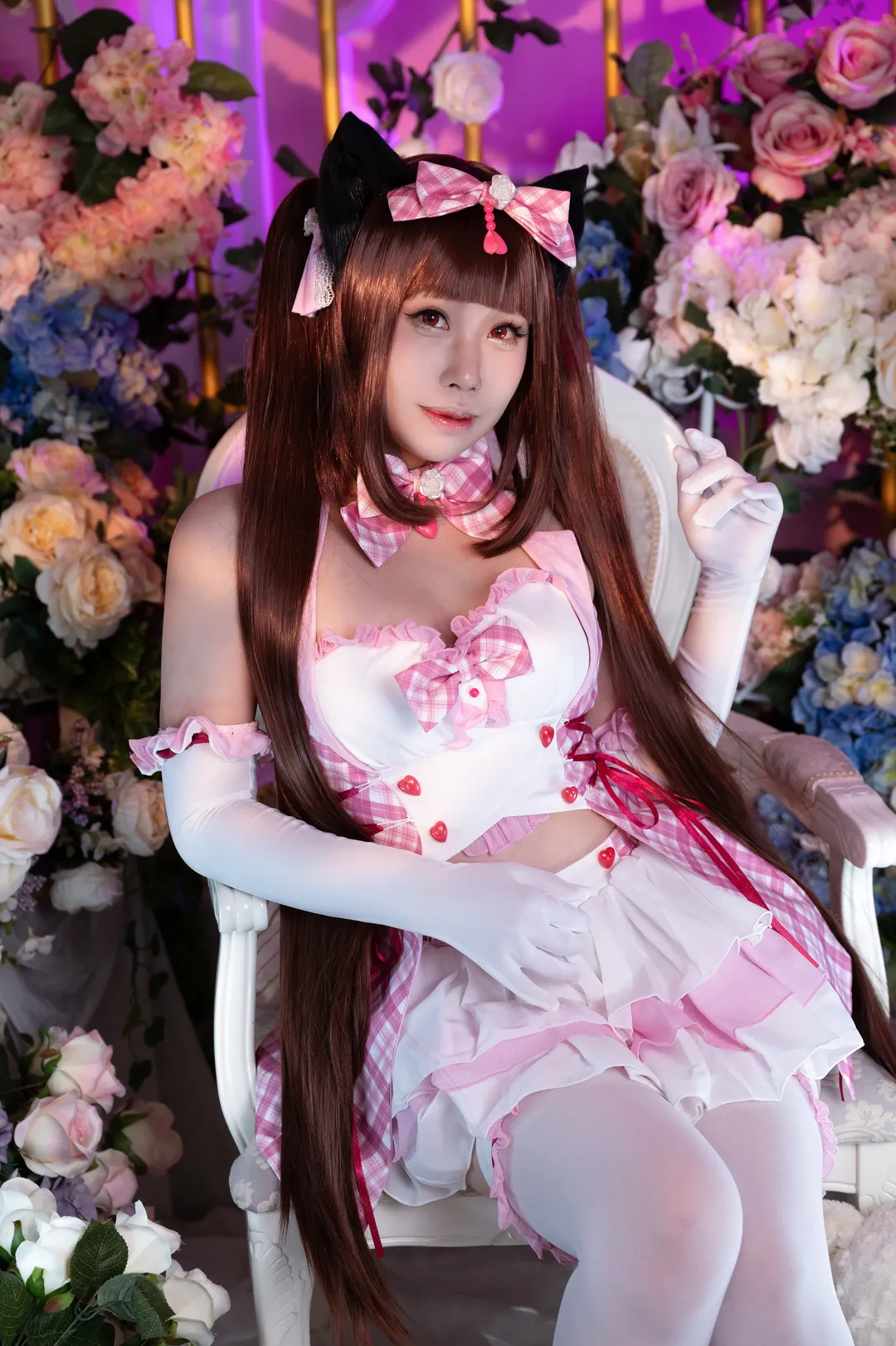 【Chocola cosplay】NEKOPARA's Sweetheart: Pink & White Plaid Dress with White Tights and Red Heels - Image 6