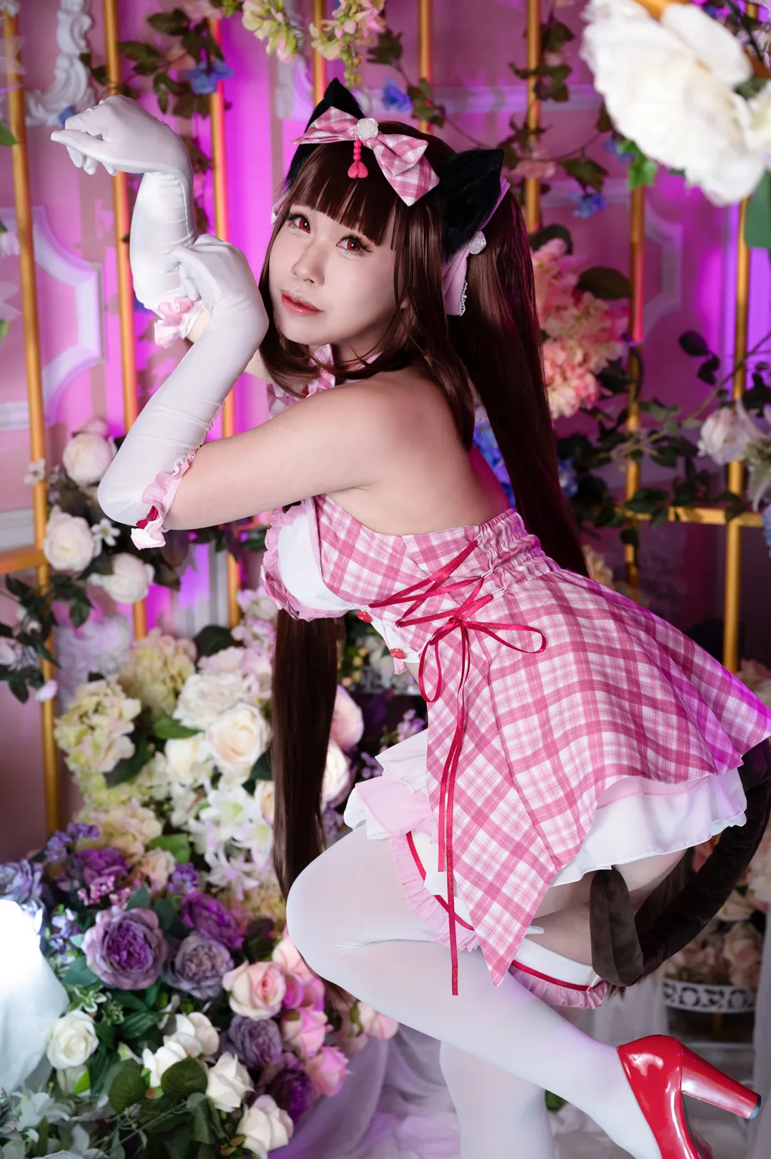 【Chocola cosplay】NEKOPARA's Sweetheart: Pink & White Plaid Dress with White Tights and Red Heels - Image 7